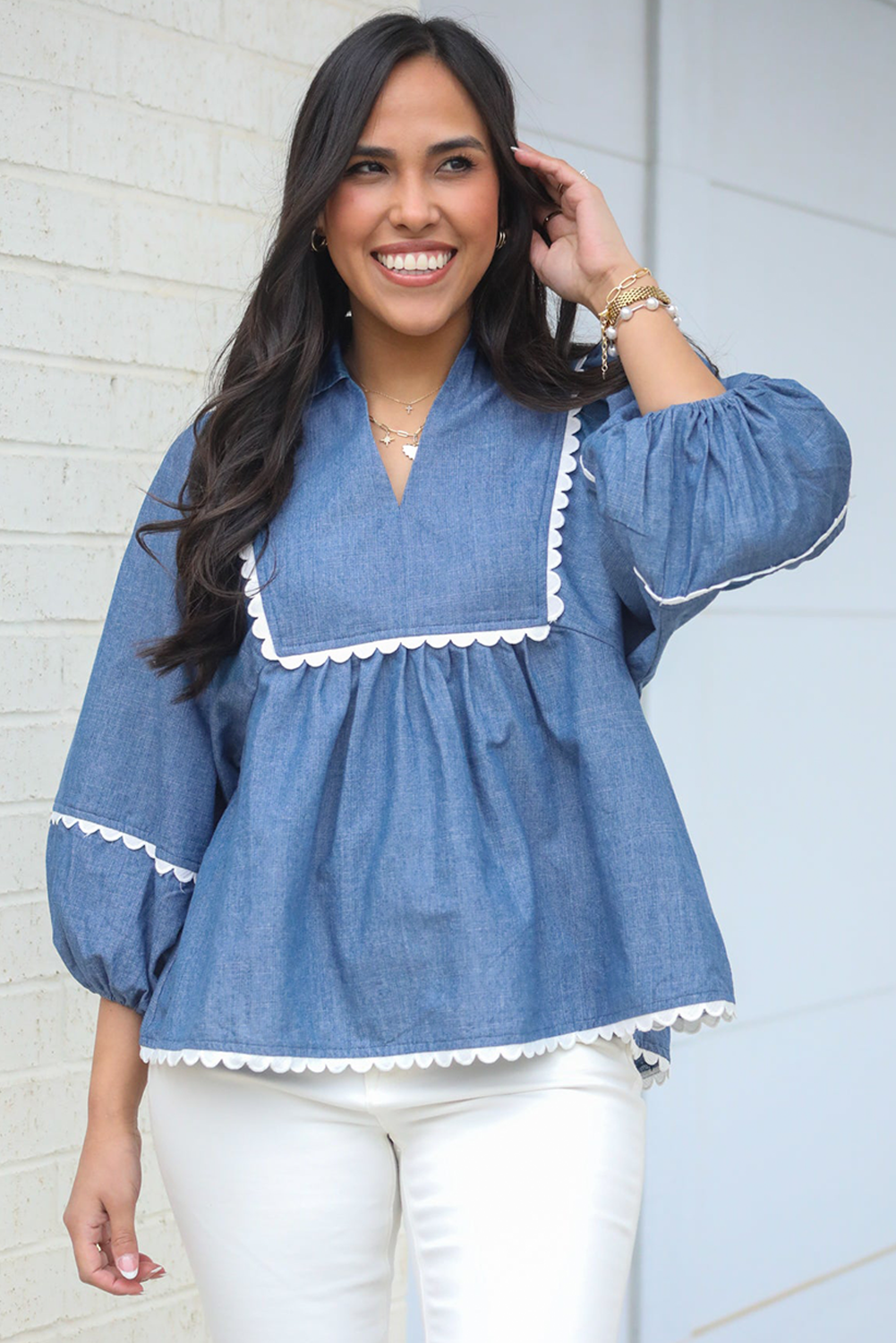 Dusk Blue Lace Ric Rac 3/4 Puff Sleeve Collared Babydoll Blouse-Tops/Blouses & Shirts-[Adult]-[Female]-2022 Online Blue Zone Planet