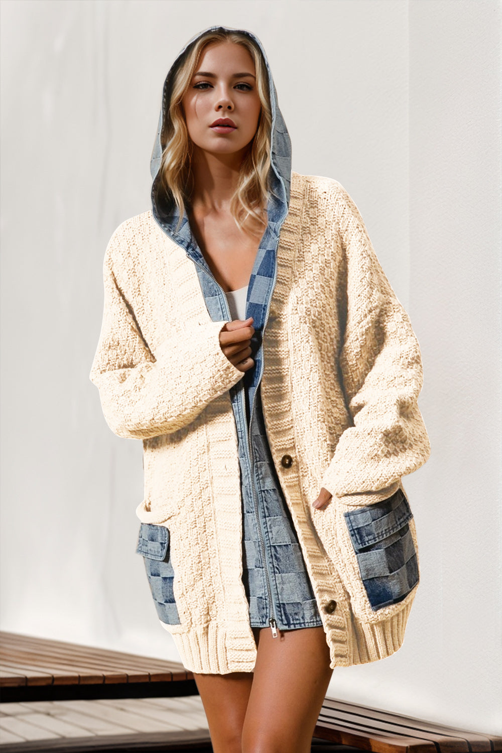 Double Take Full Size Hooded Denim Spliced Sweater Cardigan-TOPS / DRESSES-[Adult]-[Female]-Beige-S/M-2022 Online Blue Zone Planet