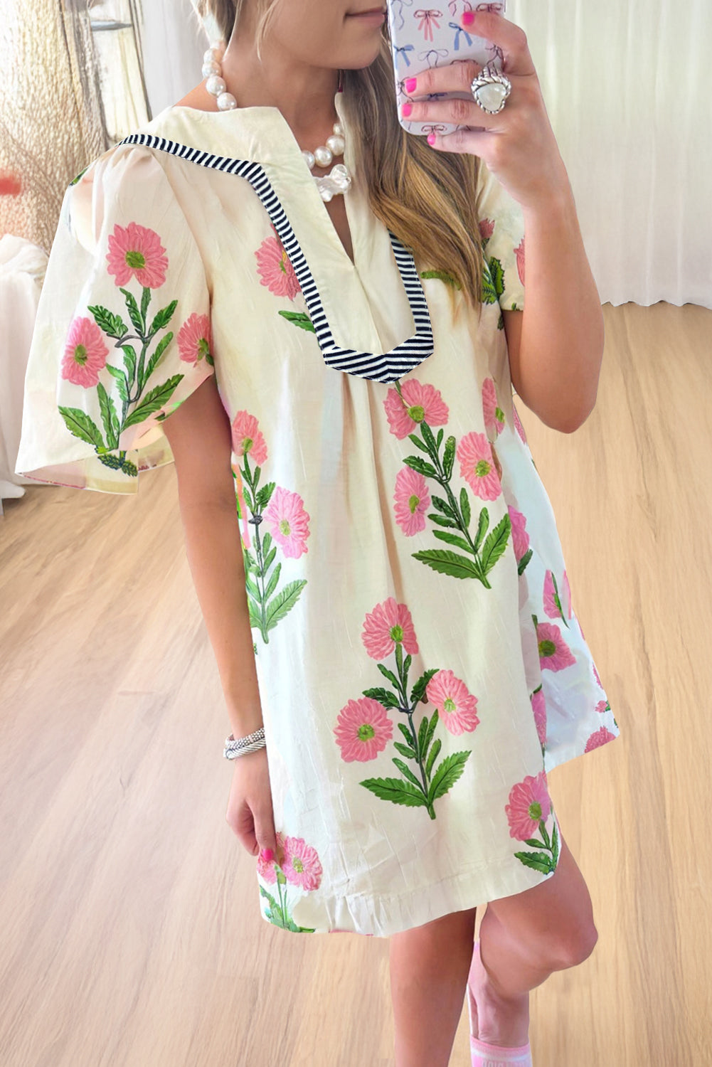 Suzy's Apricot Floral Short Sleeve Split Neck Loose Mini Dress