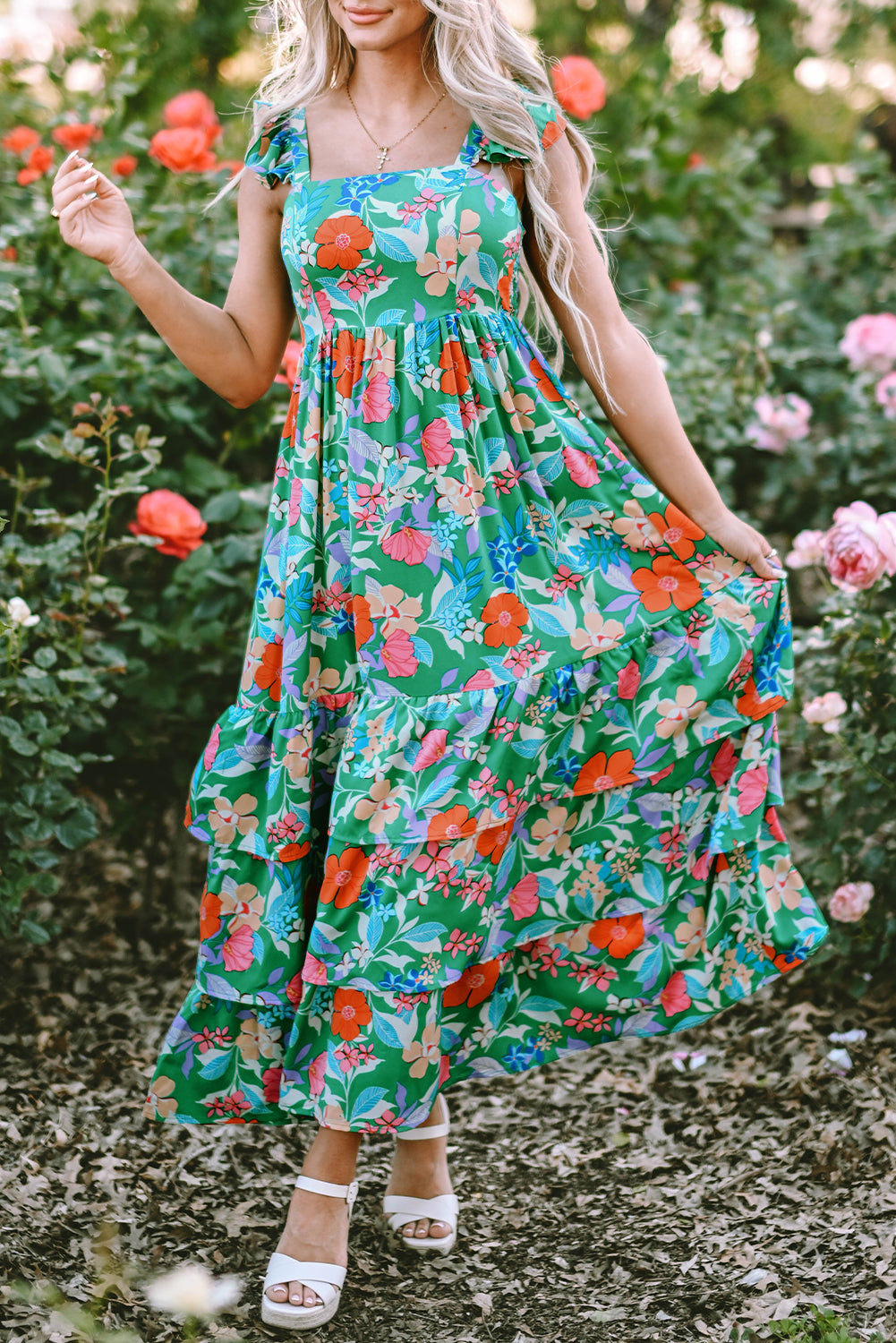 Blue Zone Planet |  Green Floral Print Sleeveless Ruffle Tiered Maxi Dress Blue Zone Planet