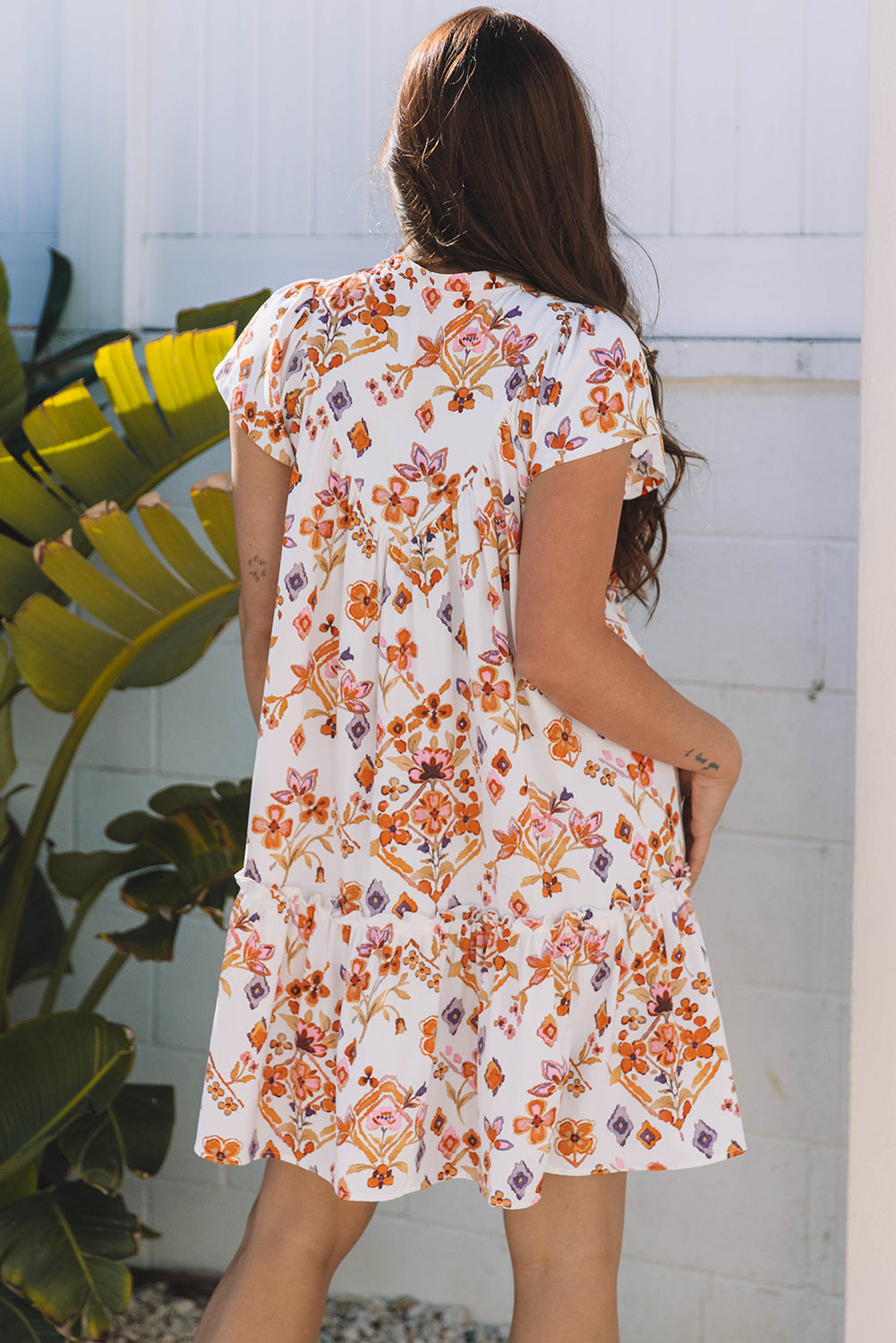 Apricot Floral Geometric Print Ruffled Trim Flutter Sleeve Mini Dress-TOPS / DRESSES-[Adult]-[Female]-2022 Online Blue Zone Planet