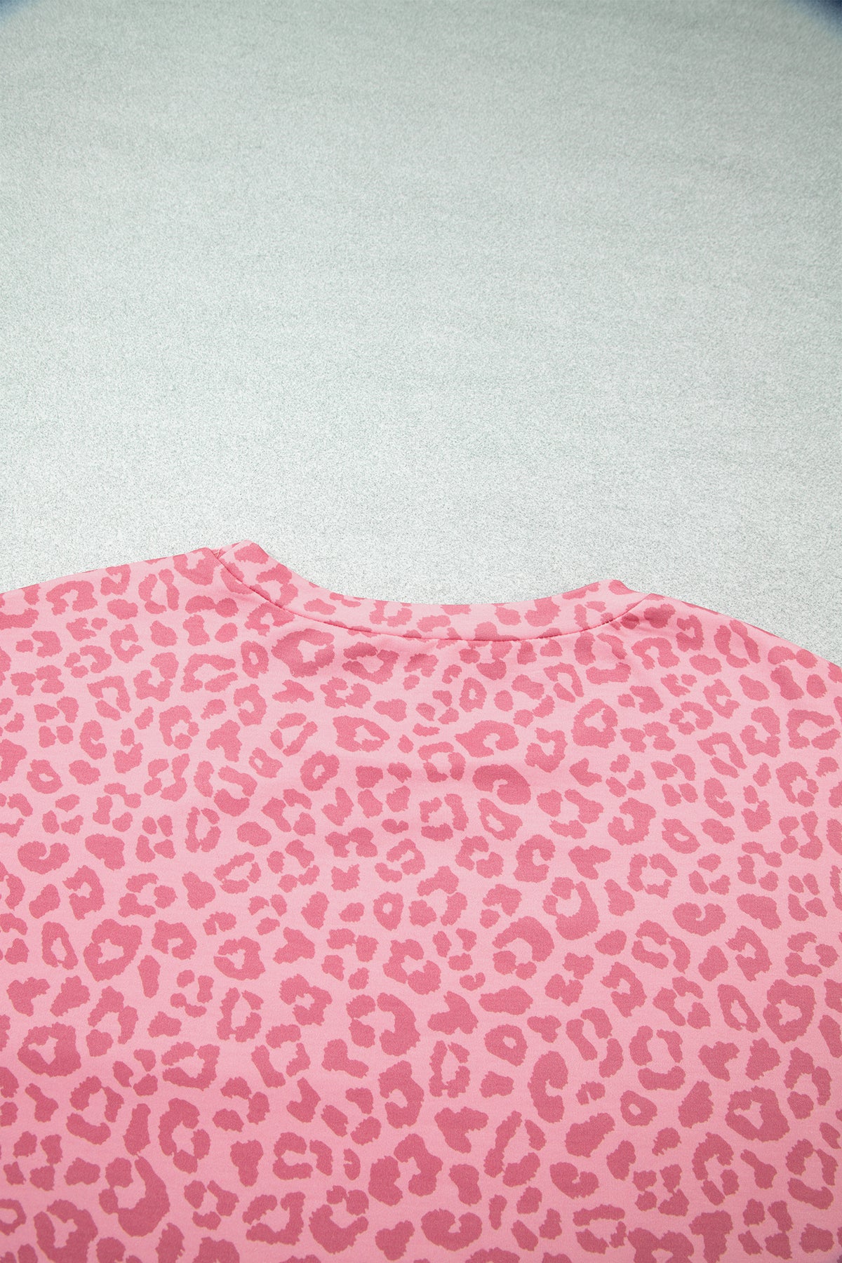 Pink Leopard Print Varsity Striped Detail 3/4 Sleeve Top Shift Pant Set-Two Piece Sets/Pant Sets-[Adult]-[Female]-2022 Online Blue Zone Planet