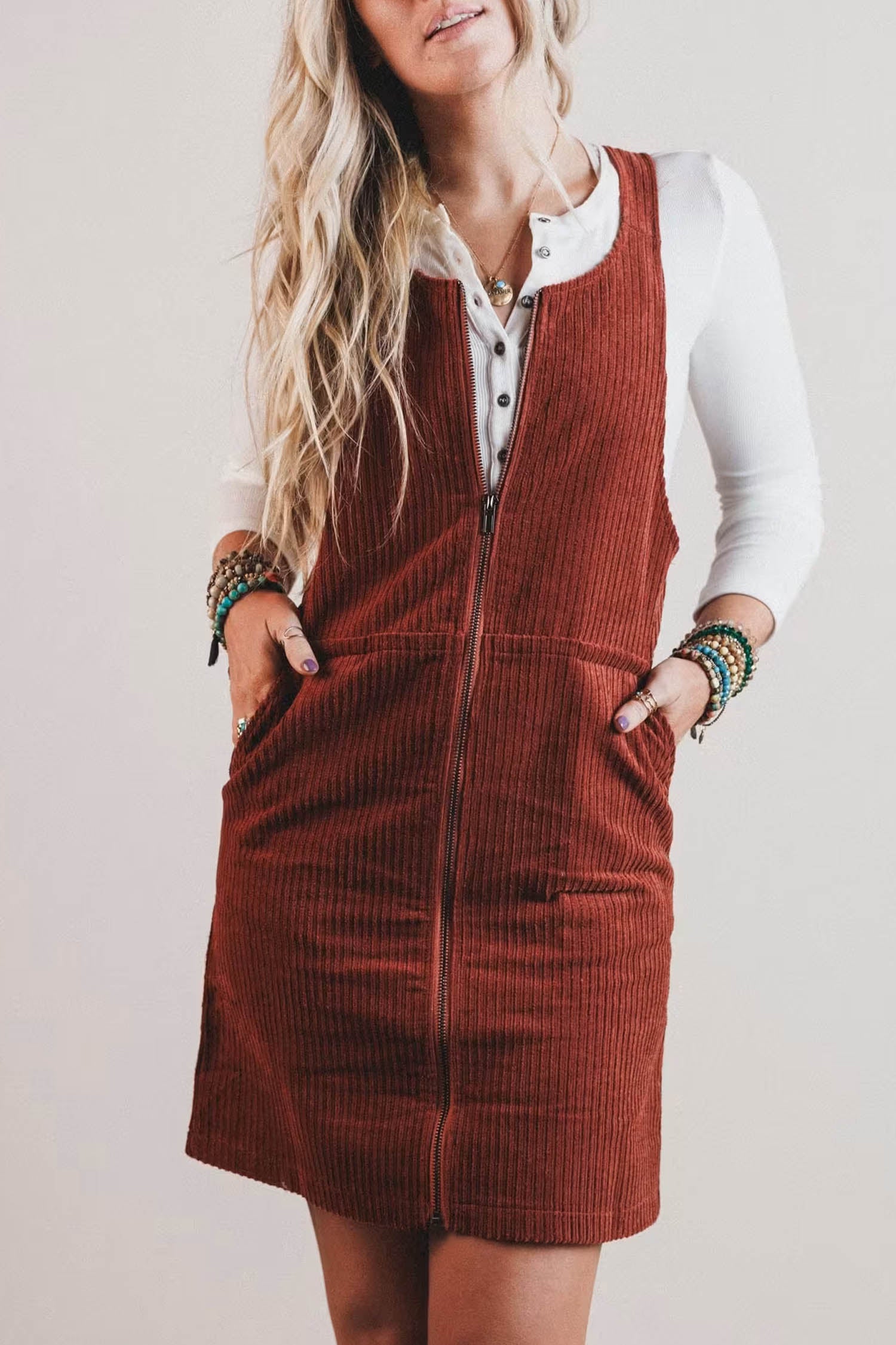 Clay Ribbed Corduroy Zip-Up Sleeveless Pocket Sheath Dress-Dresses/Mini Dresses-[Adult]-[Female]-2022 Online Blue Zone Planet