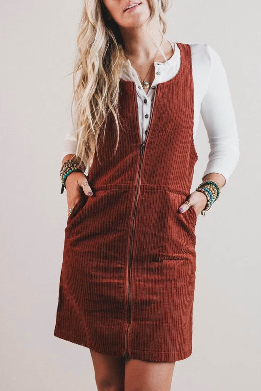 Clay Ribbed Corduroy Zip-Up Sleeveless Pocket Sheath Dress-Dresses/Mini Dresses-[Adult]-[Female]-2022 Online Blue Zone Planet