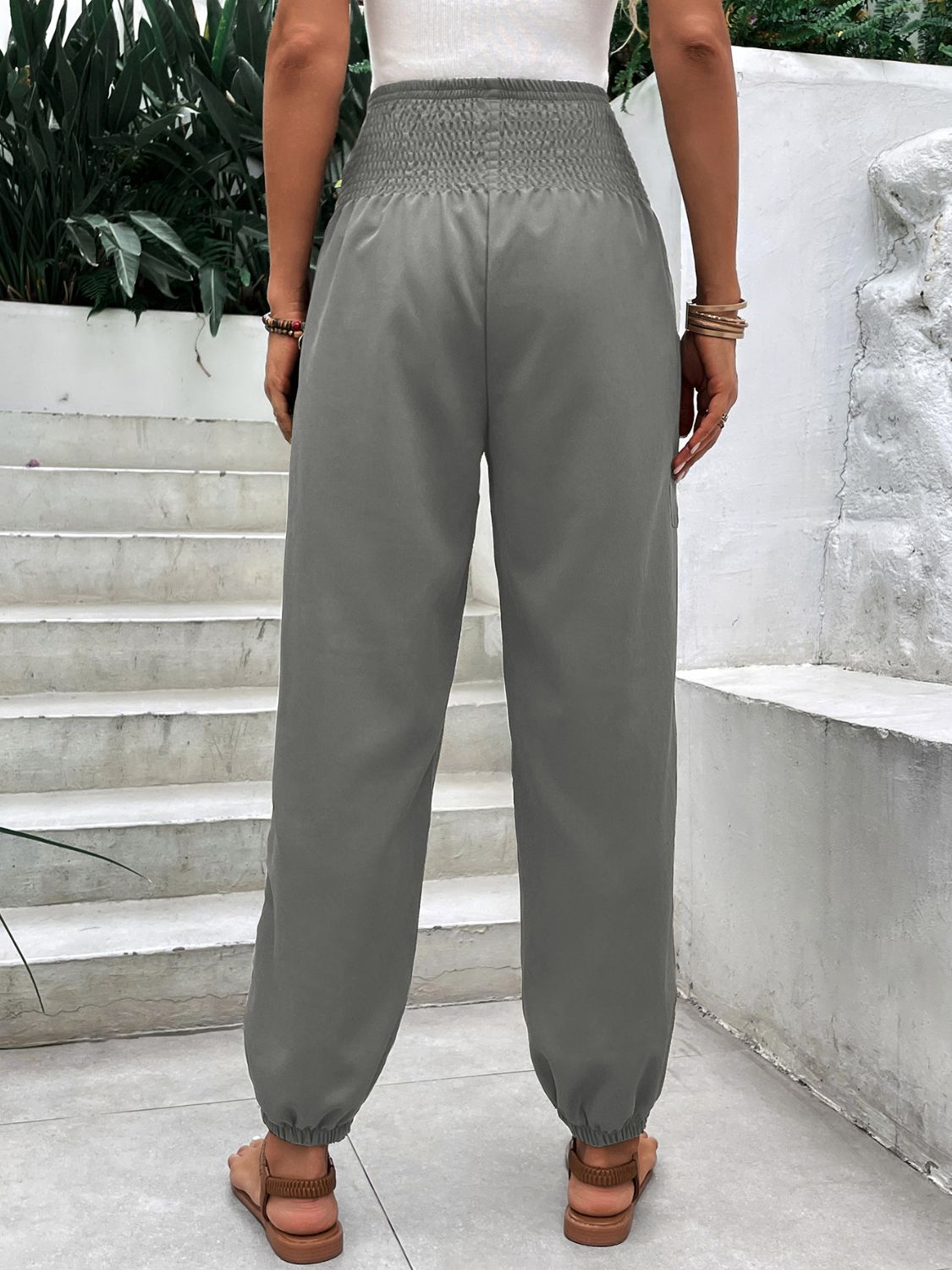 Smocked High Rise Joggers with Pockets-BOTTOM SIZES SMALL MEDIUM LARGE-[Adult]-[Female]-2022 Online Blue Zone Planet