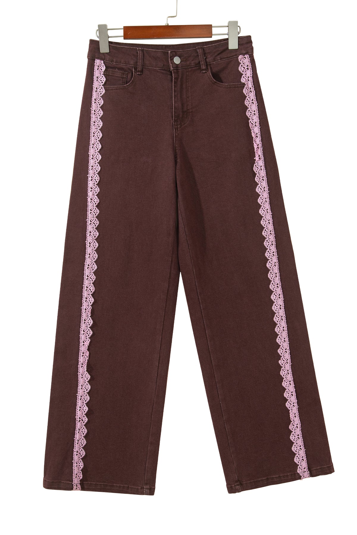 Coffee Lace Trim Casual Full-Length Regular Fit Jeans-Bottoms/Jeans-[Adult]-[Female]-2022 Online Blue Zone Planet