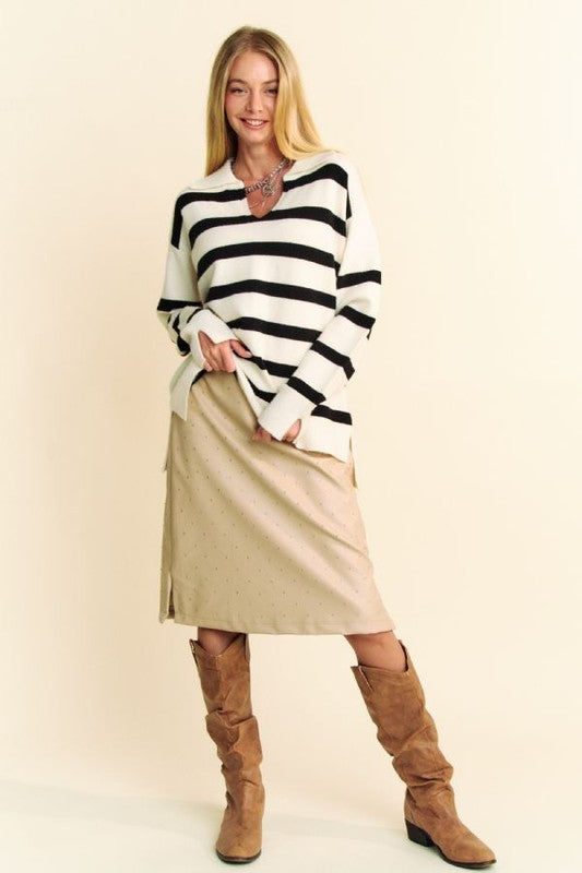 Davi & Dani High-Low Side Slit Striped Johnny Collar Sweater-TOPS / DRESSES-[Adult]-[Female]-2022 Online Blue Zone Planet