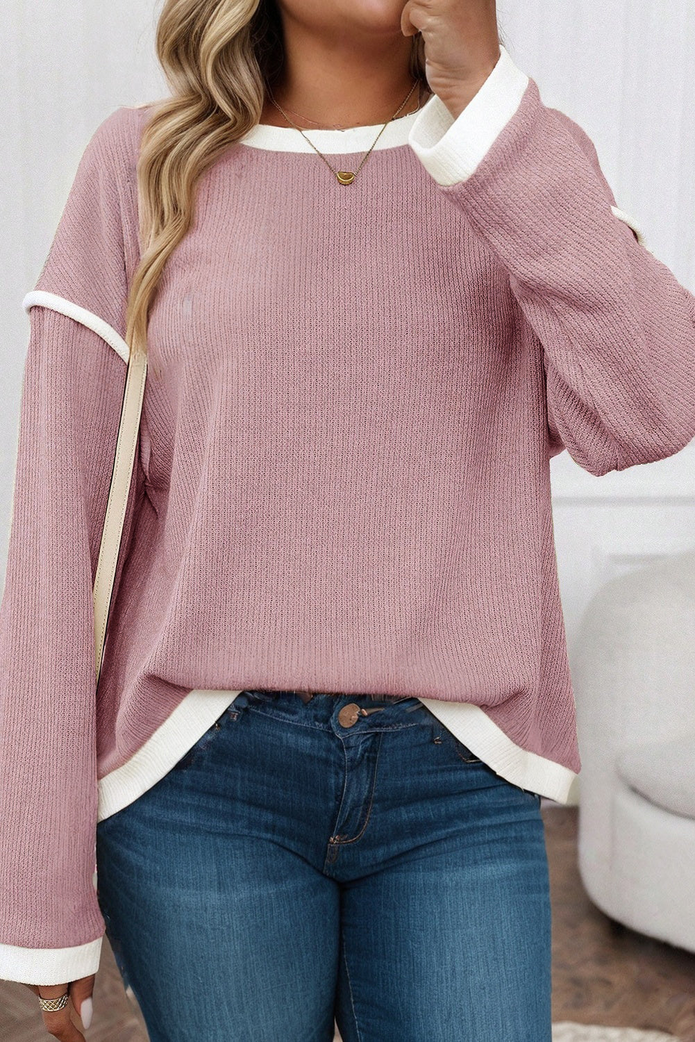 Light Pink Contrast Trim Knitted Drop Shoulder Plus Size Top-Plus Size/Plus Size Tops/Plus Size Long Sleeve Tops-[Adult]-[Female]-Light Pink-1X-2022 Online Blue Zone Planet
