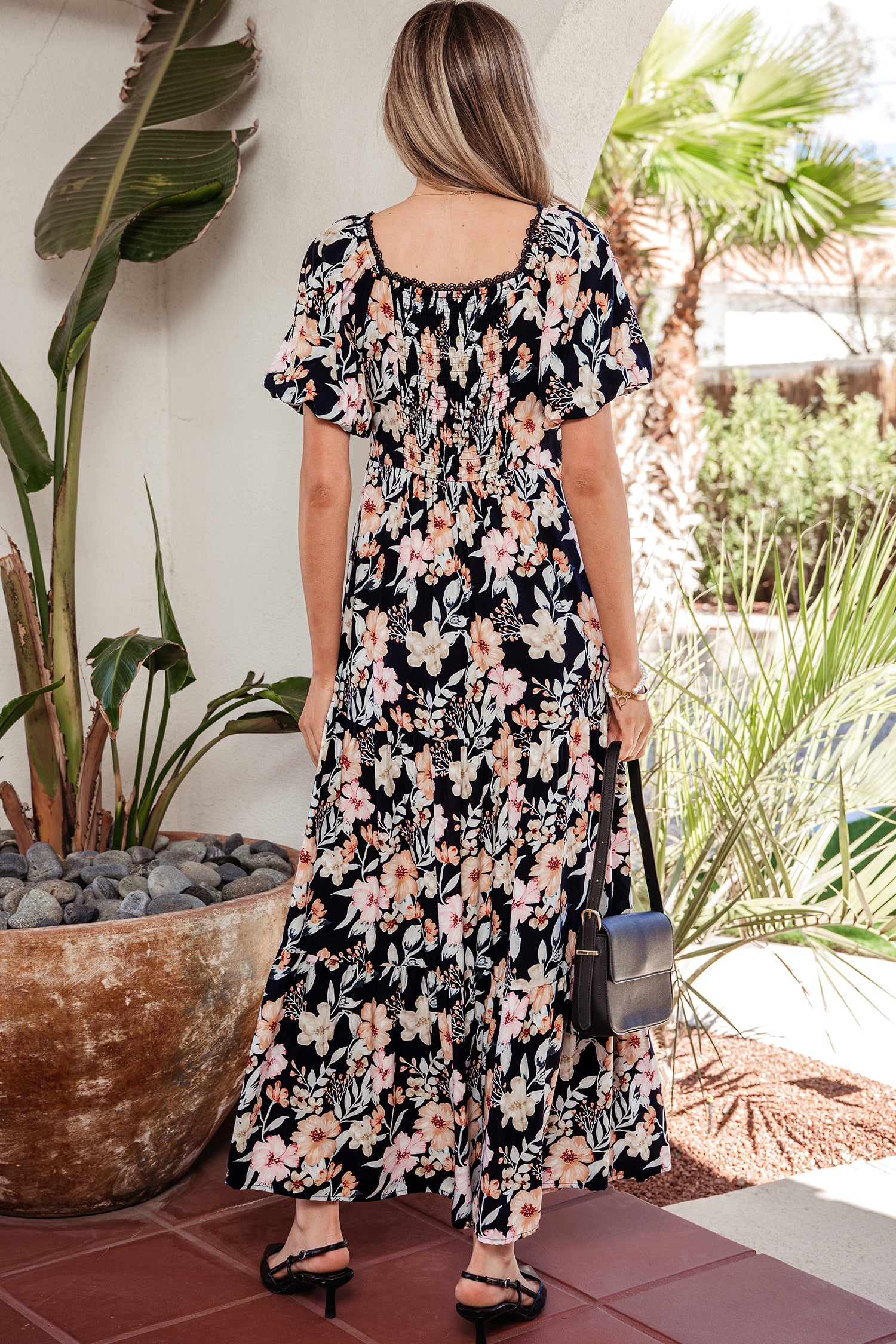 Blue Short Sleeve Smocked Detail High Waist Floral Maxi Dress-TOPS / DRESSES-[Adult]-[Female]-2022 Online Blue Zone Planet