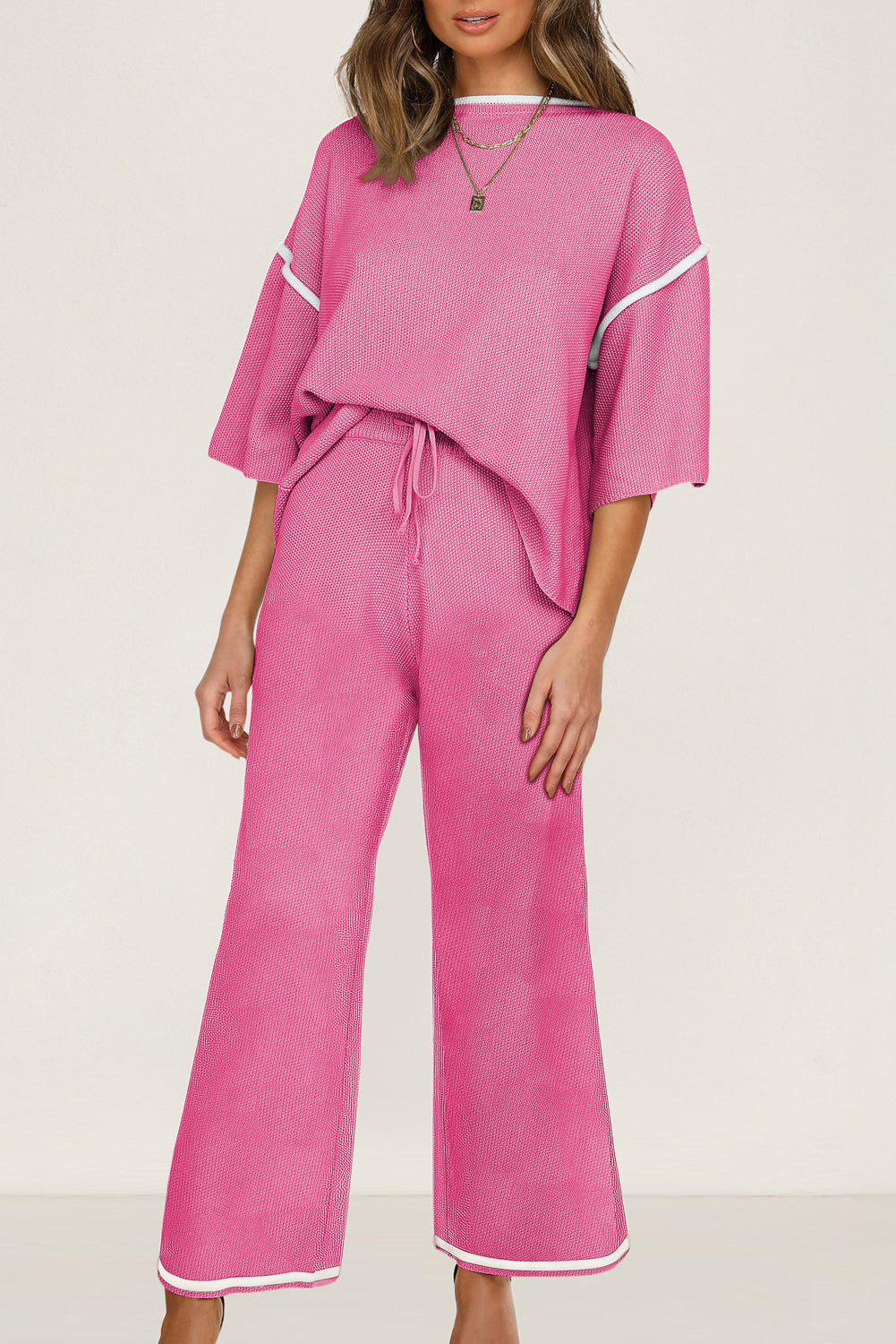 Bright Pink Contrast Trim Half Sleeve Top Drawstring Pants Loose 2pcs Sweater Suit-TOPS / DRESSES-[Adult]-[Female]-Bright Pink-S-2022 Online Blue Zone Planet