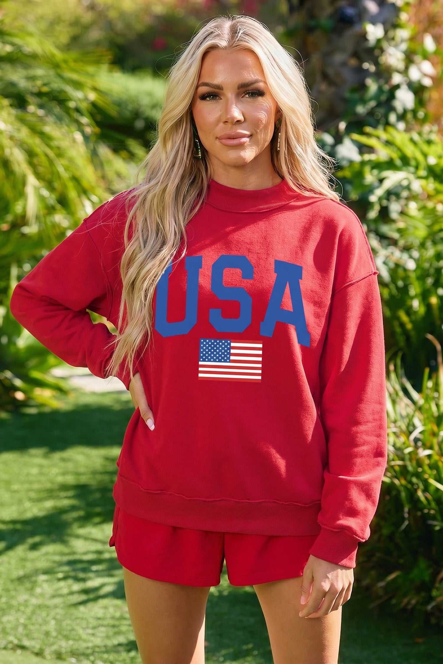 Racing Red Mock Neck Reversible USA/America Graphic Sweatshirt-Graphic/Graphic Sweatshirts-[Adult]-[Female]-2022 Online Blue Zone Planet