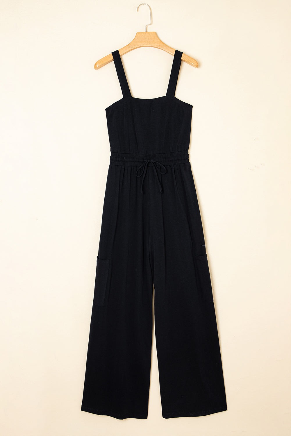 Black Drawstring Wide Leg Cargo Pockets Sleeveless Jumpsuit-Bottoms/Jumpsuits & Rompers-[Adult]-[Female]-2022 Online Blue Zone Planet