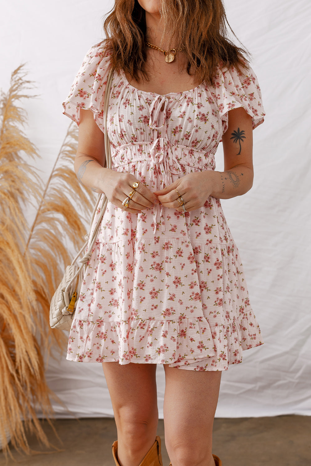 Pink Front Tie Shirred Waist Short Sleeve Ruffled Floral Mini Dress-TOPS / DRESSES-[Adult]-[Female]-2022 Online Blue Zone Planet