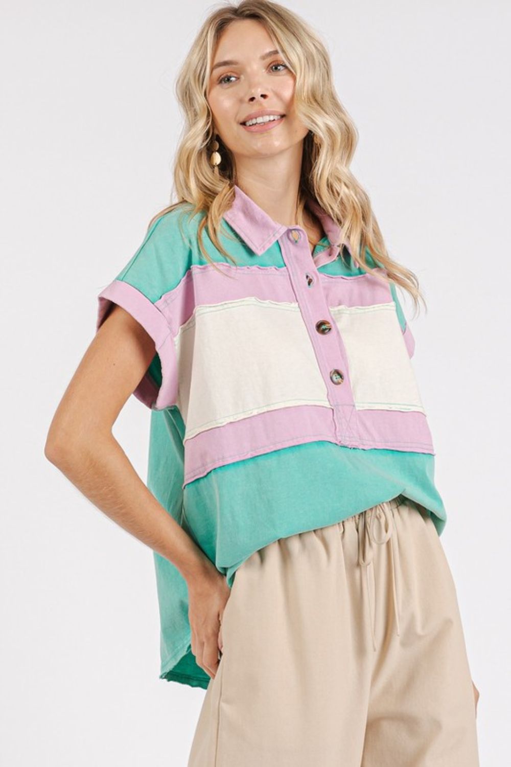 Mittoshop Color Block Henley Short Sleeve Polo Shirt-TOPS / DRESSES-[Adult]-[Female]-2022 Online Blue Zone Planet