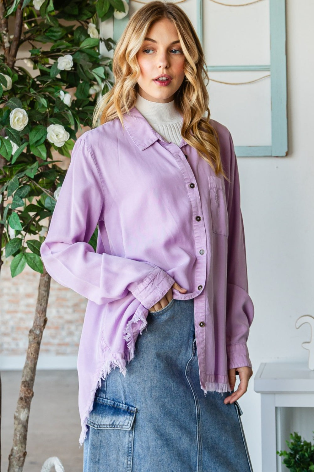 Blue Zone Planet | Veveret Raw Hem Button Up Long Sleeve Shirt-TOPS / DRESSES-[Adult]-[Female]-2022 Online Blue Zone Planet