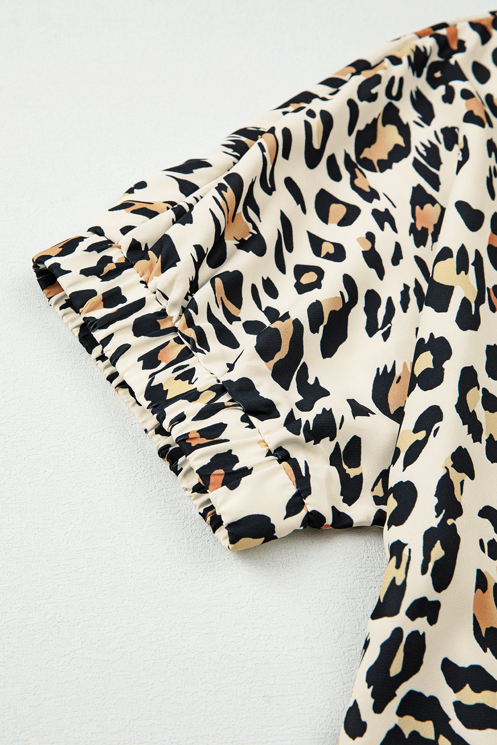 Khaki Leopard Color Block Contrast Striped V Neck Half Sleeve Loose Fit Blouse-Tops/Blouses & Shirts-[Adult]-[Female]-2022 Online Blue Zone Planet