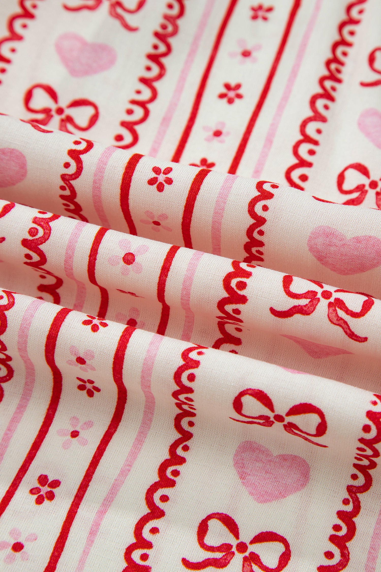 Red Sweet Floral Heart Bow Print Contrast Trim Long Sleeve Shirt Pajama Short Set-Loungewear & Sleepwear/Sleepwear-[Adult]-[Female]-2022 Online Blue Zone Planet