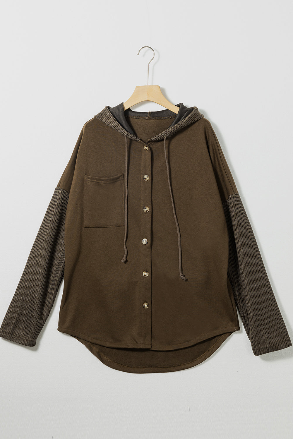 Dark Brown Button Up Contrast Knitted Sleeves Hooded Jacket-Outerwear/Jackets-[Adult]-[Female]-2022 Online Blue Zone Planet