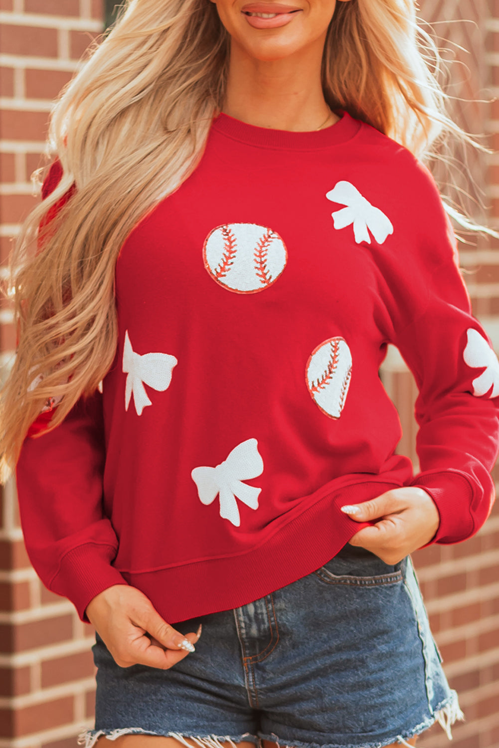 Red Sequin Baseball Bow Patched Pattern Game Day Pullover Sweatshirt-Graphic/Graphic Sweatshirts-[Adult]-[Female]-2022 Online Blue Zone Planet