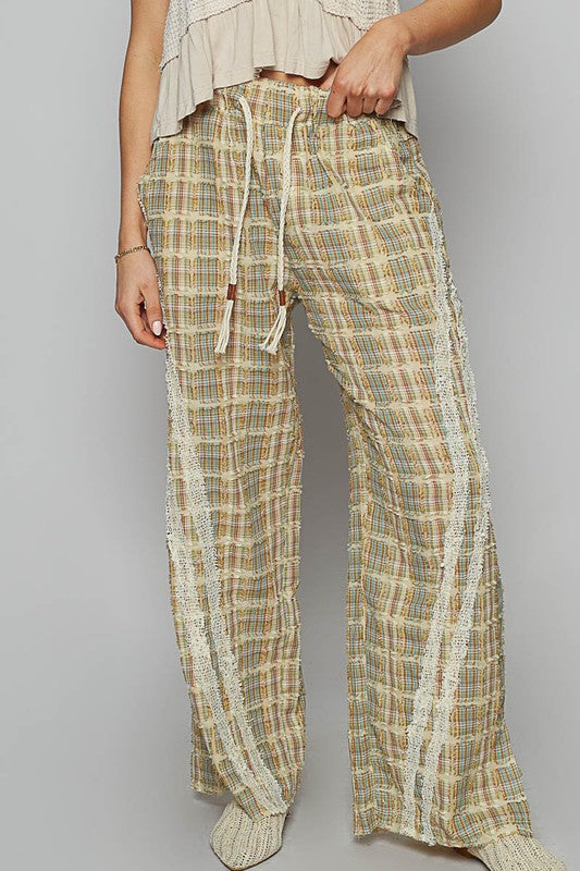 POL Lace Trim Drawstring Checkered Wide Leg Pants-BOTTOMS-[Adult]-[Female]-Sage-S-2022 Online Blue Zone Planet