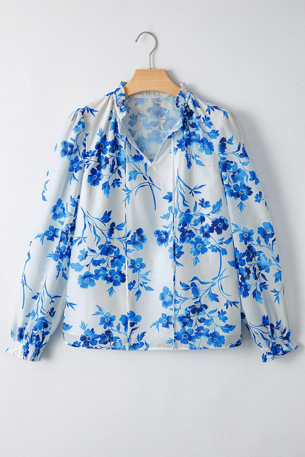 Blue Floral Long Sleeve Lace-Up V Neck Blouse-Tops/Blouses & Shirts-[Adult]-[Female]-2022 Online Blue Zone Planet
