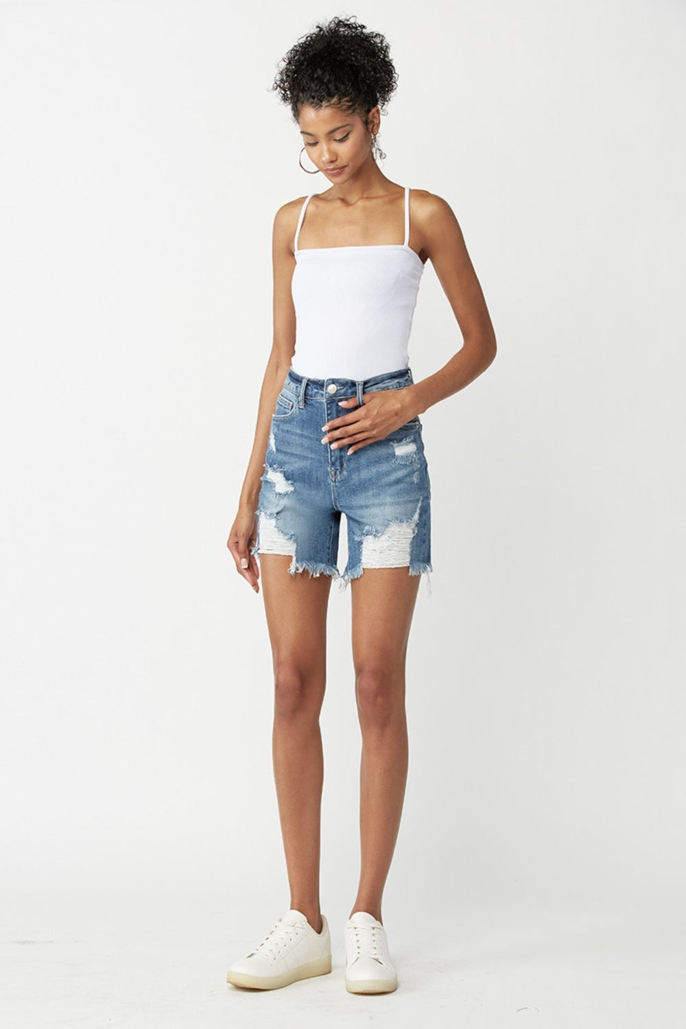 Blue Zone Planet | RISEN High Waisted Distressed Denim Shorts-BOTTOMS SIZES SMALL MEDIUM LARGE-[Adult]-[Female]-2022 Online Blue Zone Planet