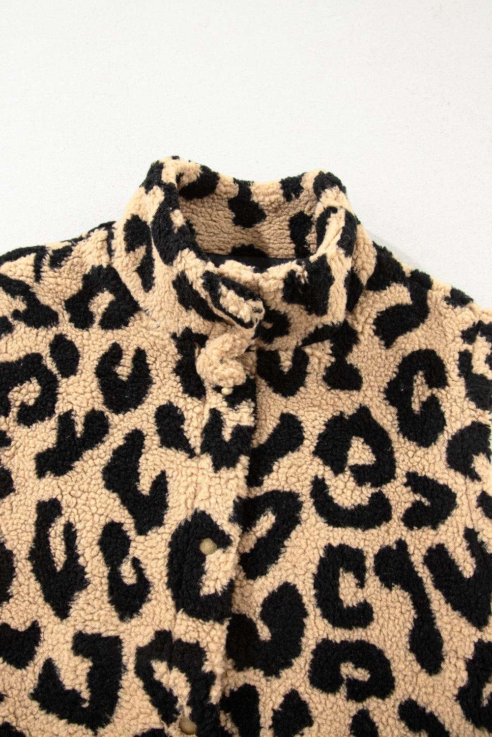 Khaki Leopard Sherpa Button Front Collared Plus Size Vest Jacket-Plus Size/Plus Size Outerwear-[Adult]-[Female]-2022 Online Blue Zone Planet