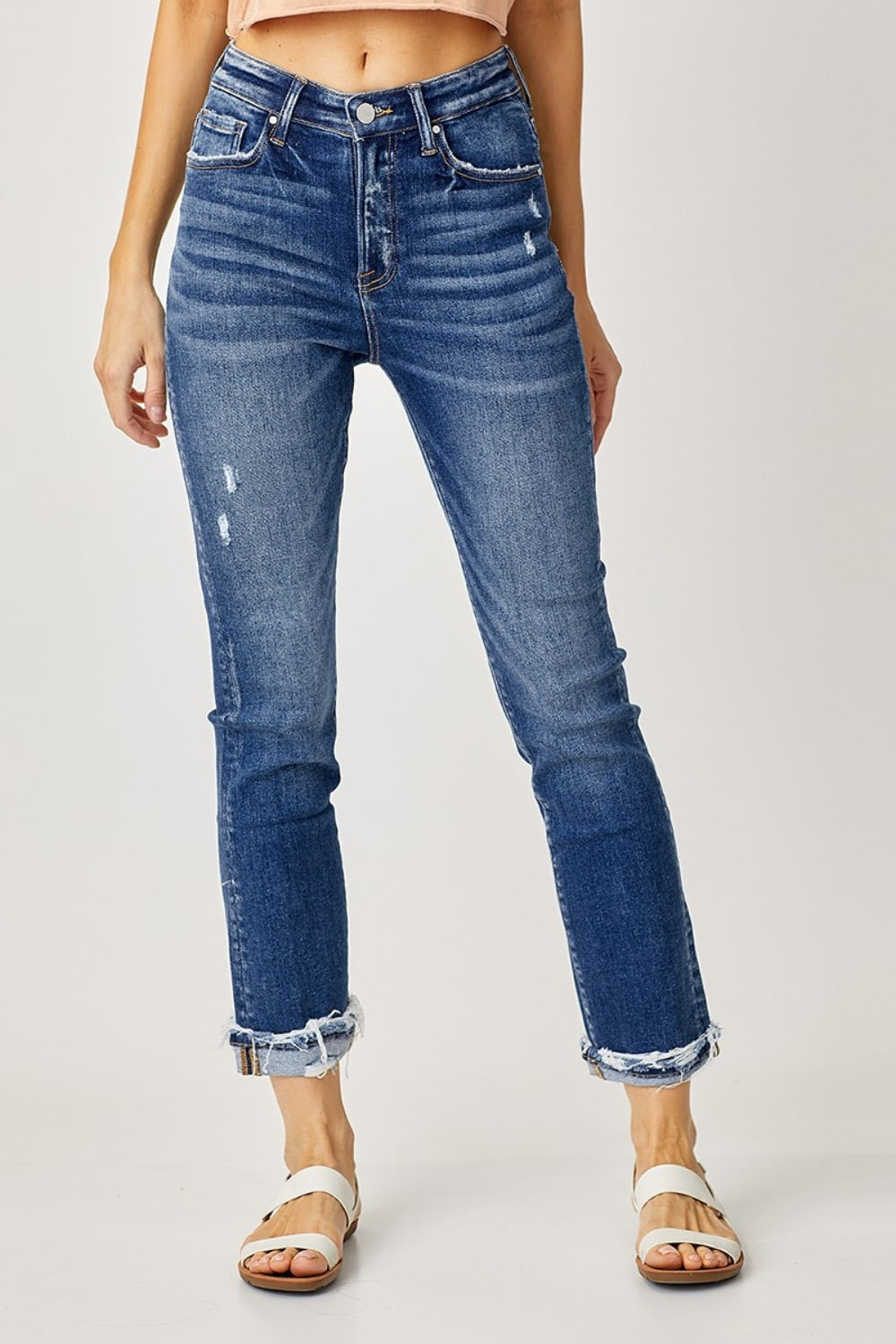 Blue Zone Planet | Risen Full Size High-Rise Frayed Cuffed Straight Jeans-BOTTOMS SIZES SMALL MEDIUM LARGE-[Adult]-[Female]-Dark-0(24)-2022 Online Blue Zone Planet