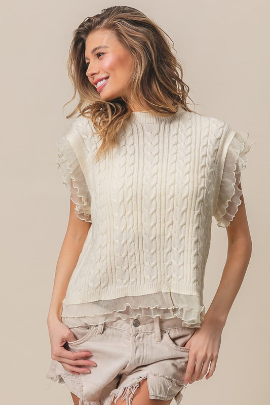 BiBi Layered Pleat Chiffon Edge Cable Knit Top-TOPS / DRESSES-[Adult]-[Female]-Cream-S-2022 Online Blue Zone Planet