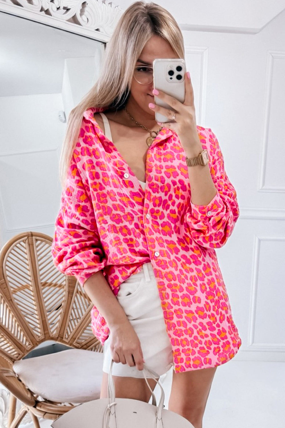 Rose Leopard Print Button-Up Crinkle Shirt