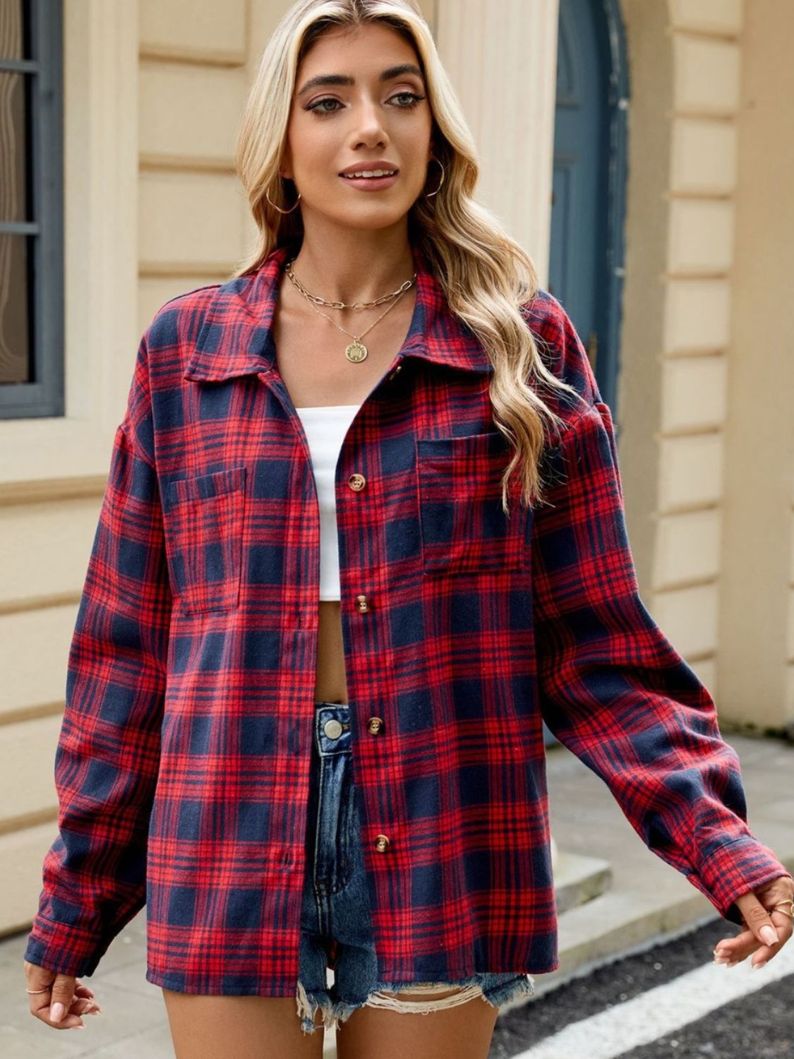 Plaid Collared Neck Long Sleeve Shirt-TOPS / DRESSES-[Adult]-[Female]-Scarlet-S-2022 Online Blue Zone Planet