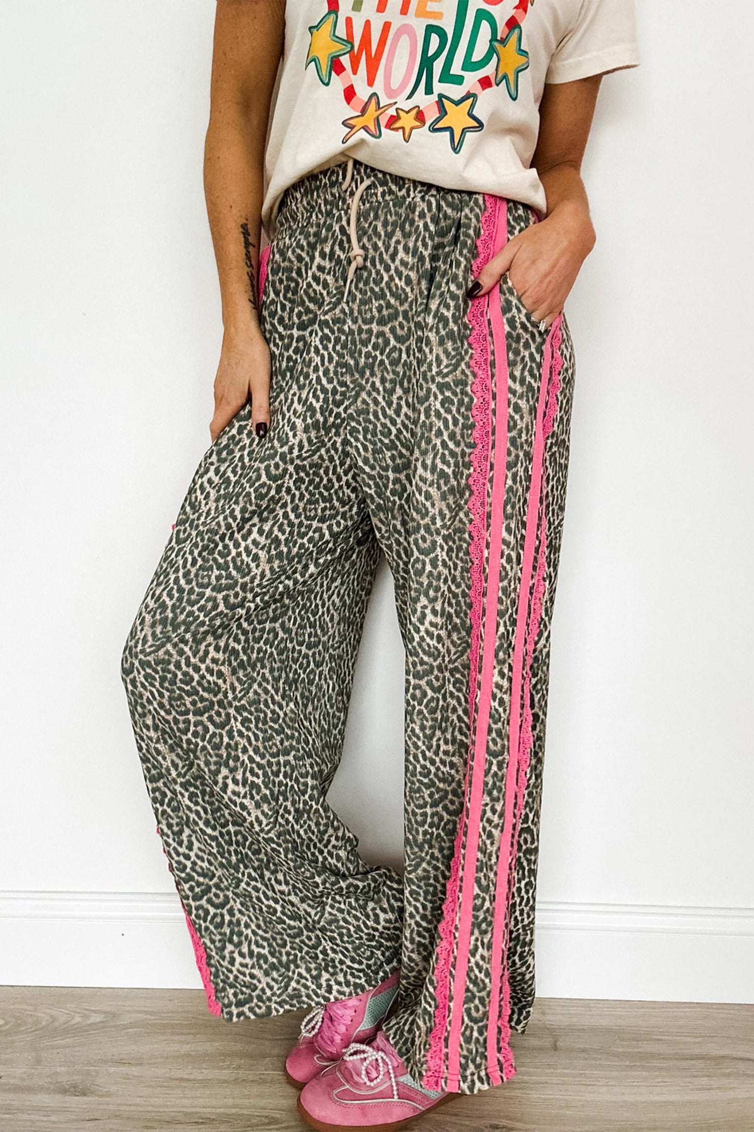 Brown Wild Leopard Print Contrast Lace Striped Detail Drawstring Pants-Bottoms/Pants & Culotte-[Adult]-[Female]-2022 Online Blue Zone Planet