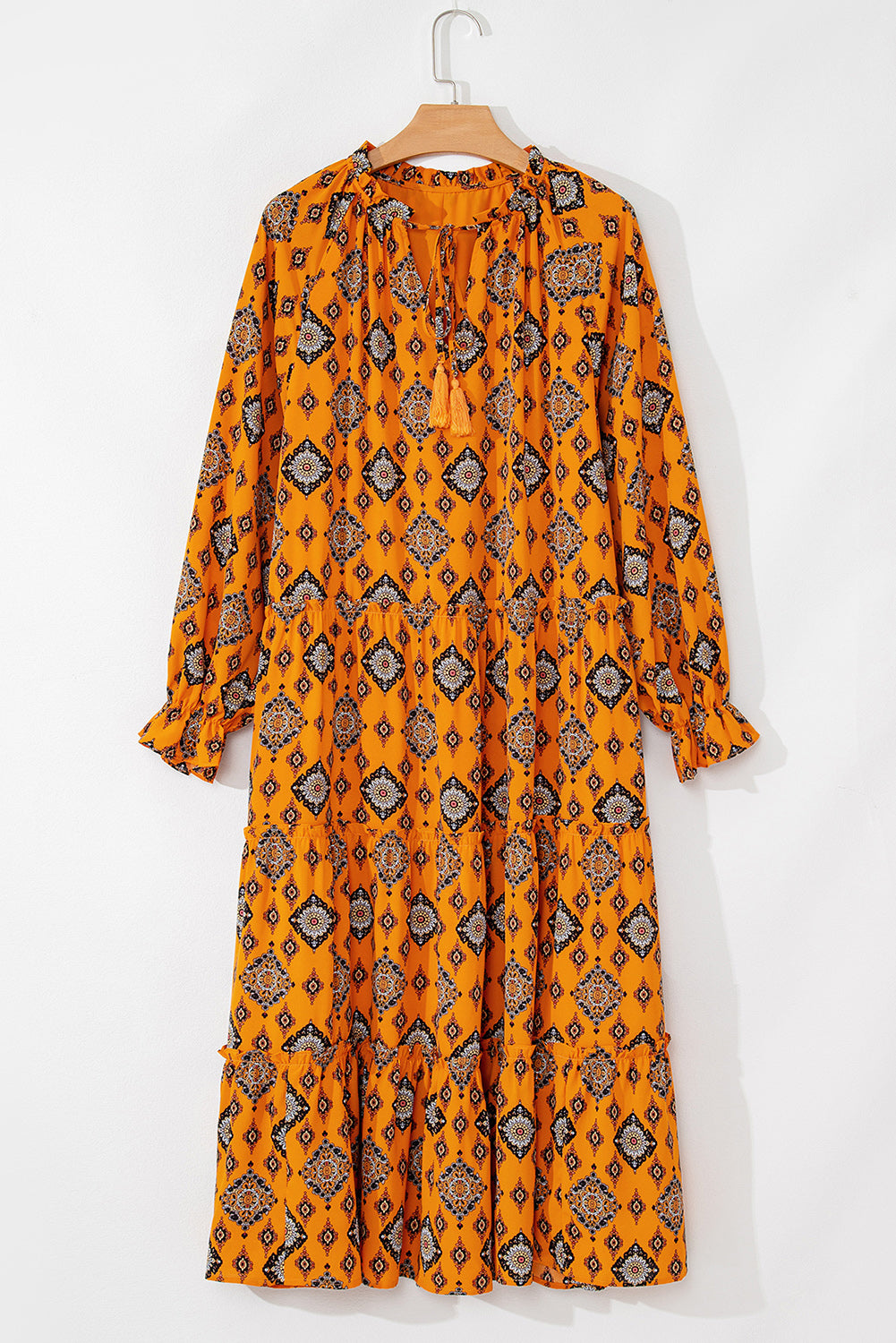 Blue Zone Planet | Orange Western Geometric Print Tiered Frilled Loose Fit Midi Dress-TOPS / DRESSES-[Adult]-[Female]-2022 Online Blue Zone Planet