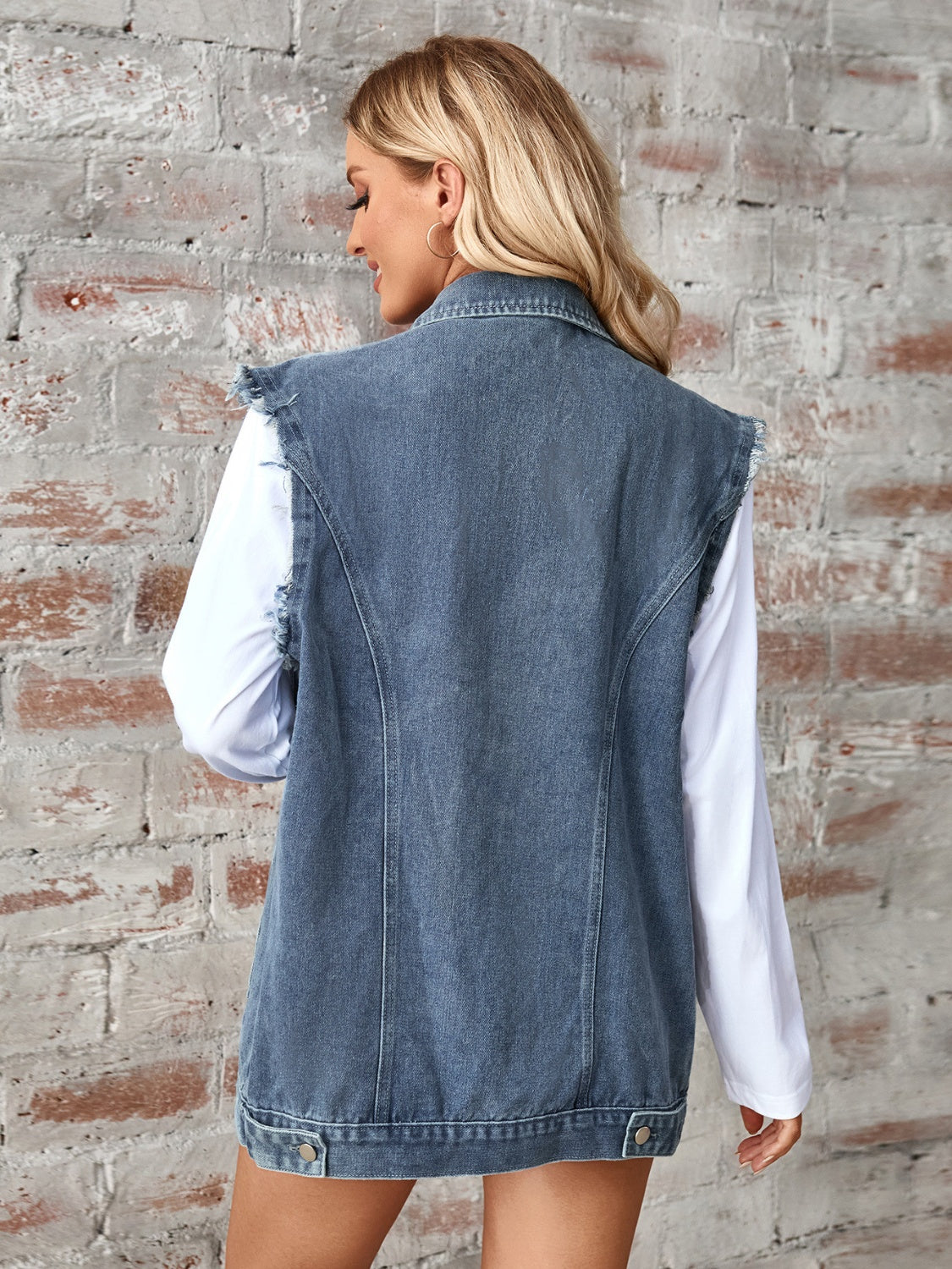 Raw Hem Sleeveless Button Up Denim Jacket-TOPS / DRESSES-[Adult]-[Female]-2022 Online Blue Zone Planet