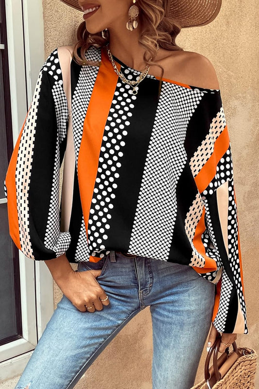 Orange Polka Dot Vertical Striped Printed Puff Sleeve Blouse-Tops/Blouses & Shirts-[Adult]-[Female]-Orange-S-2022 Online Blue Zone Planet