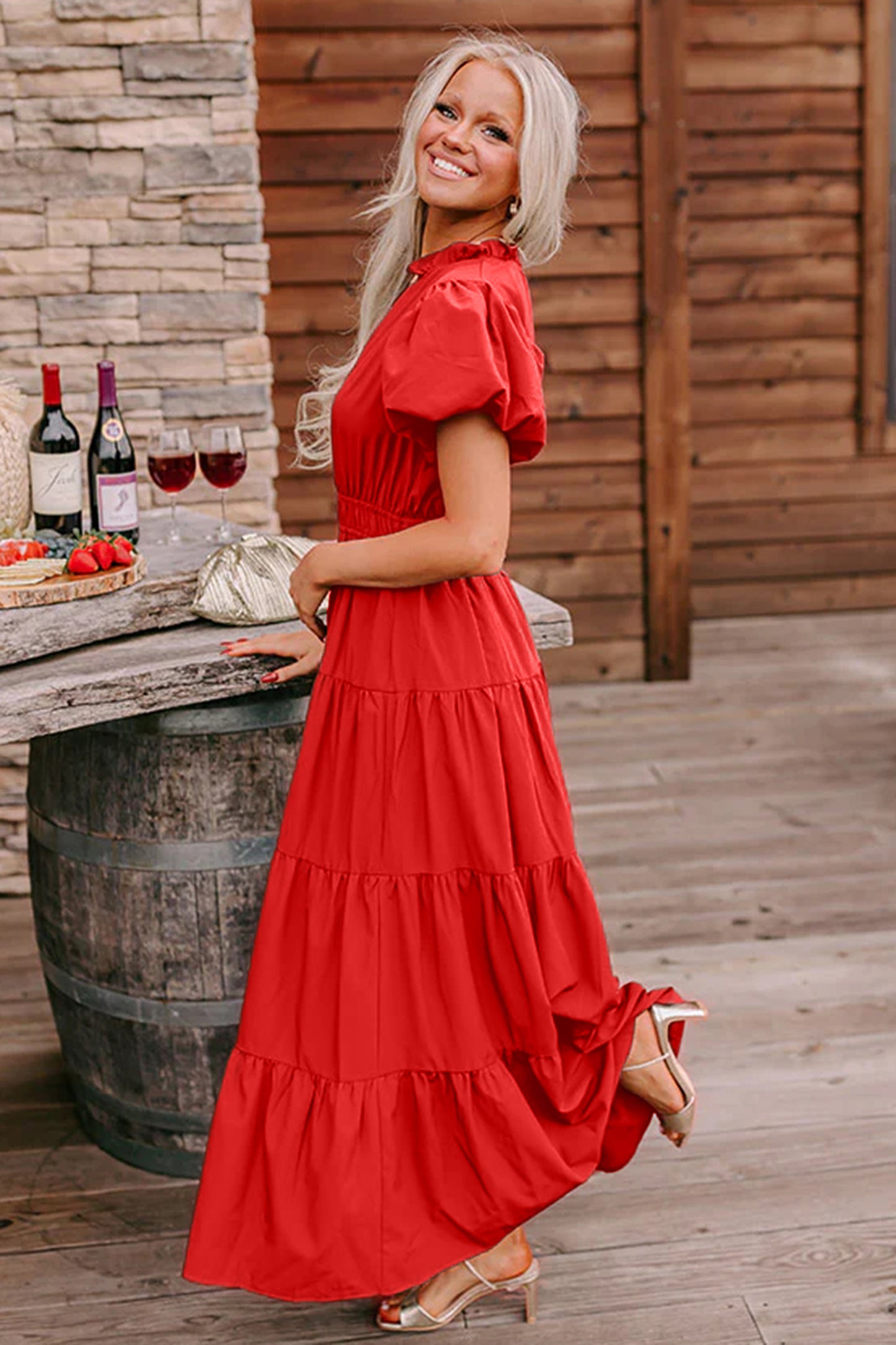 Coral Solid Color V Neck Short Puff Sleeve High Waist Tiered Maxi Dres Coral Solid Color V Neck Short Puff Sleeve High Waist Tiered Maxi Dres