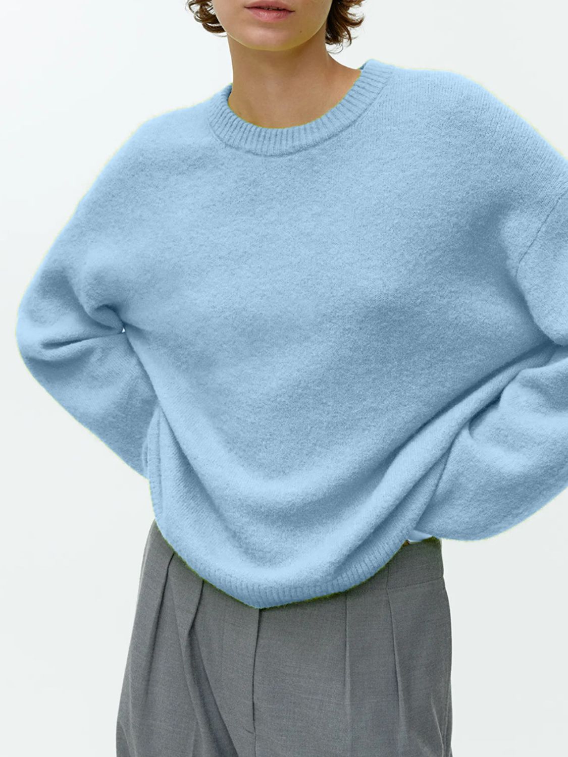 Round Neck Drop Shoulder Sweater-TOPS / DRESSES-[Adult]-[Female]-Light Blue-One Size-2022 Online Blue Zone Planet