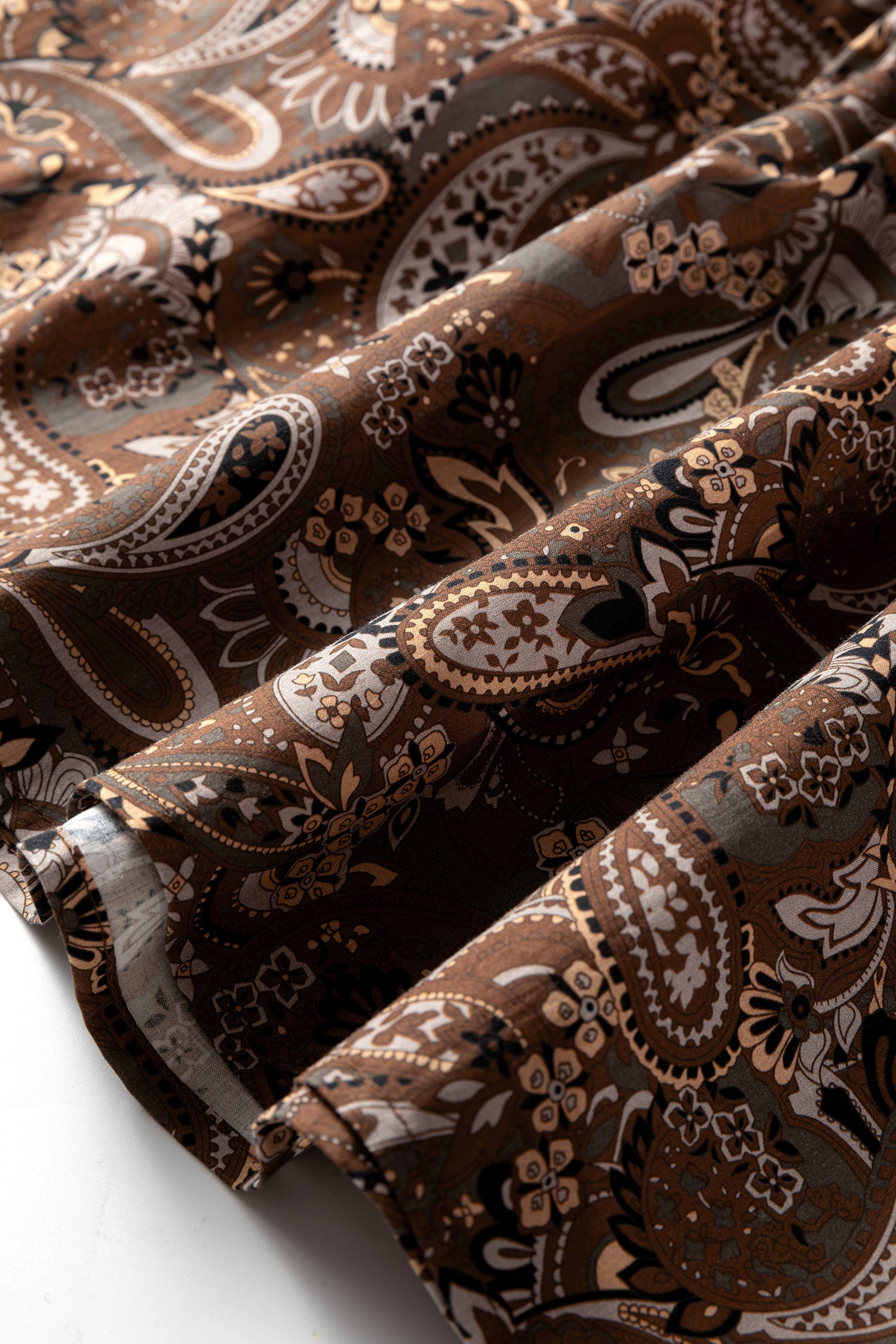 Brown Paisley Print Half Buttons Puff Sleeve Flowy Short Dress-TOPS / DRESSES-[Adult]-[Female]-2022 Online Blue Zone Planet