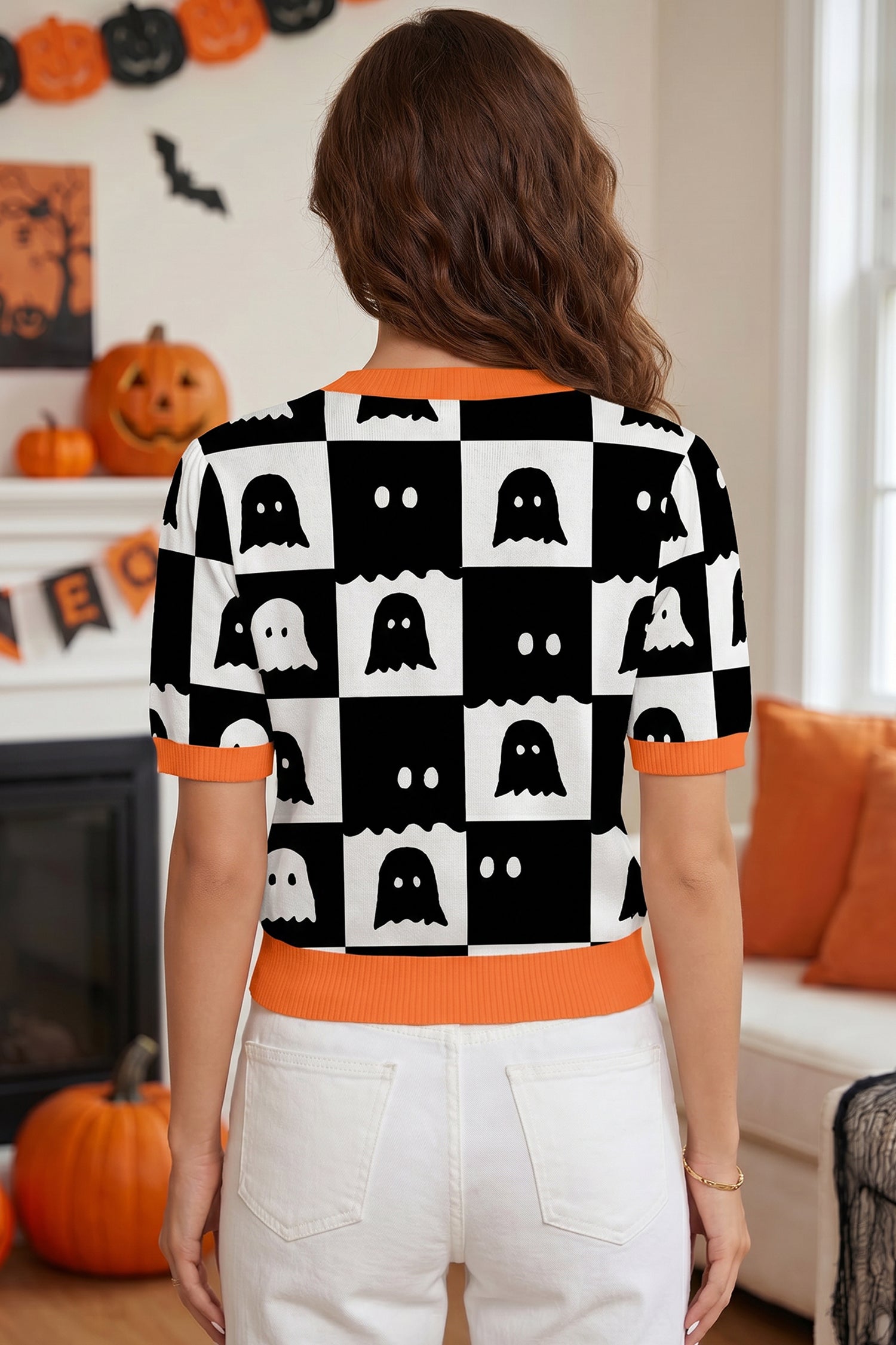 White Geometric Ghost Color Block Trim Short Sleeve Knit Sweater-Sweaters & Cardigans/Short Sleeve Sweaters-[Adult]-[Female]-2022 Online Blue Zone Planet