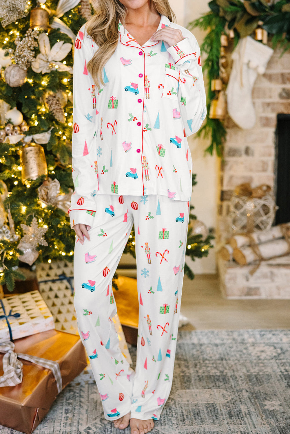 White Christmas Print Lapel Shirt and Pants Sleepwear-Loungewear & Sleepwear/Sleepwear-[Adult]-[Female]-White-S-2022 Online Blue Zone Planet