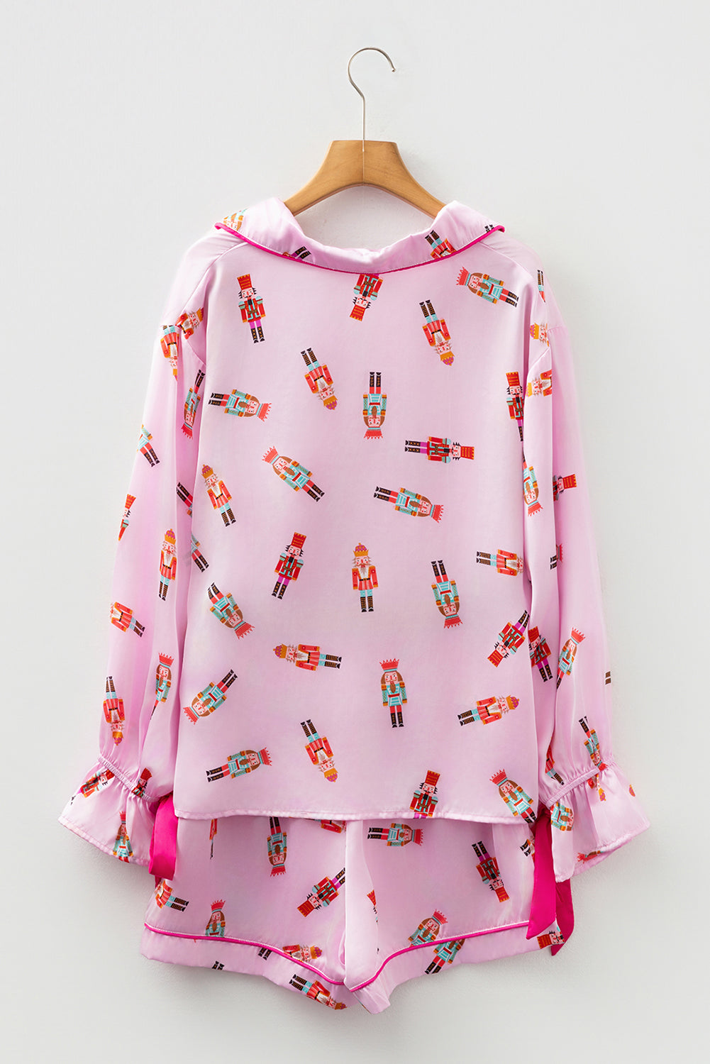 Pink Nutcracker Print Contrast Trim Tied up Bow Silky 2pcs Pajama Set-Loungewear & Sleepwear/Sleepwear-[Adult]-[Female]-2022 Online Blue Zone Planet