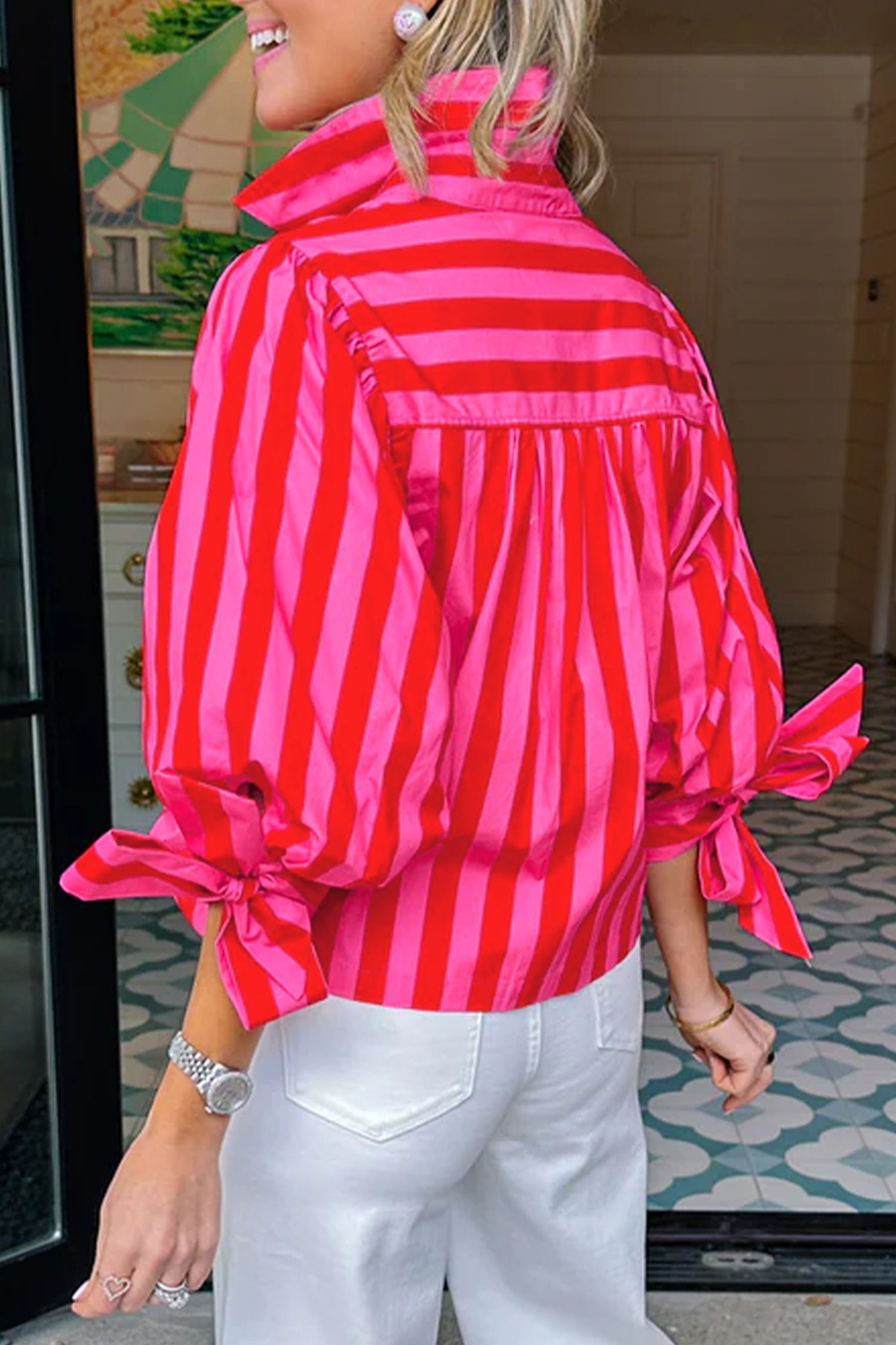 Red Stripe Tie Puff Sleeve Womens Button Down Shirt-Tops/Blouses & Shirts-[Adult]-[Female]-2022 Online Blue Zone Planet