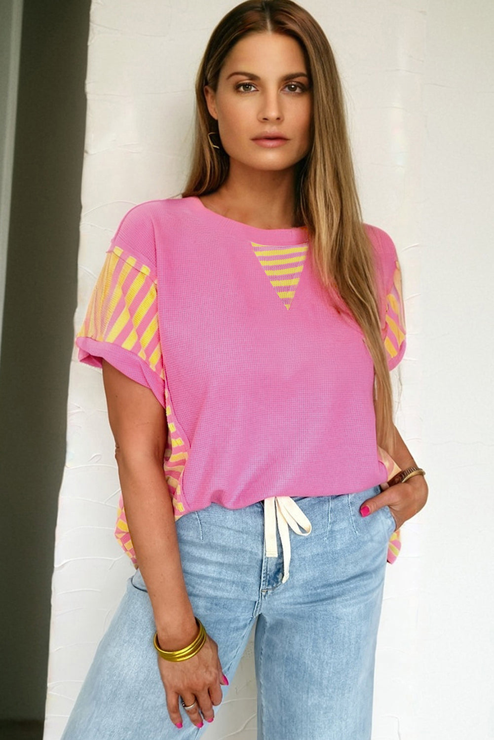 Bright Pink Waffle Textured Contrast Striped Patchwork Loose T Shirt-Tops/Tops & Tees-[Adult]-[Female]-2022 Online Blue Zone Planet