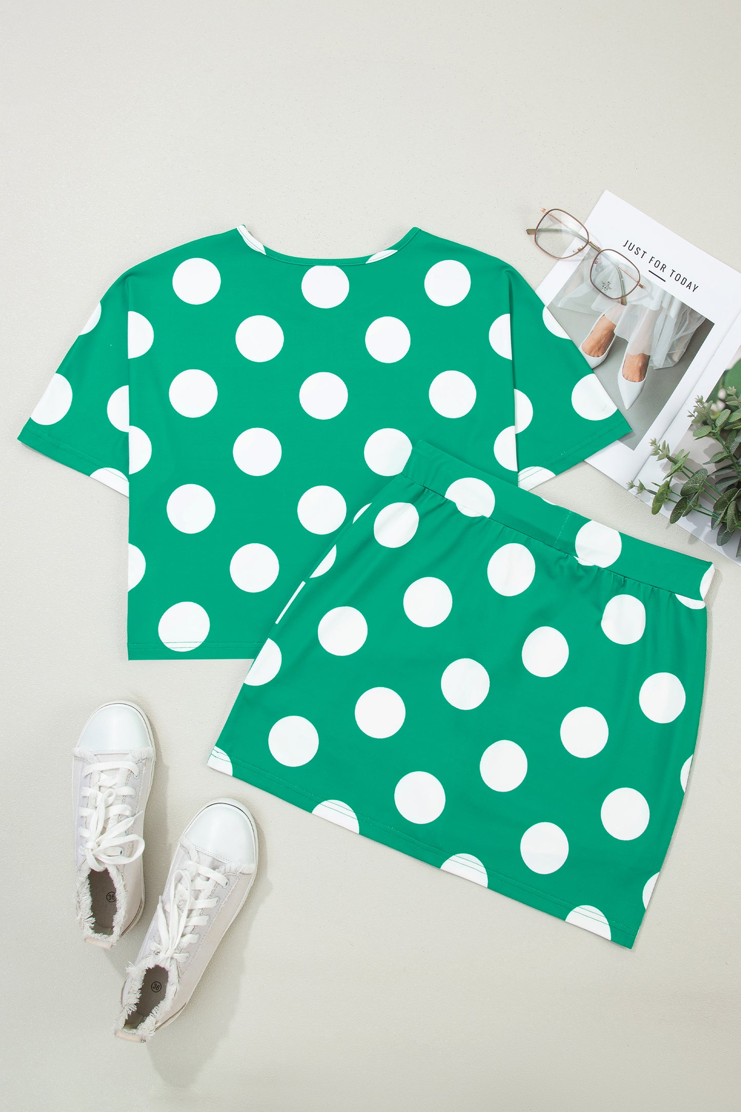 Green Polka Dot Print Cropped Tee Bodycon Skort 2pcs Set-Two Piece Sets/Two Piece Dresses-[Adult]-[Female]-2022 Online Blue Zone Planet