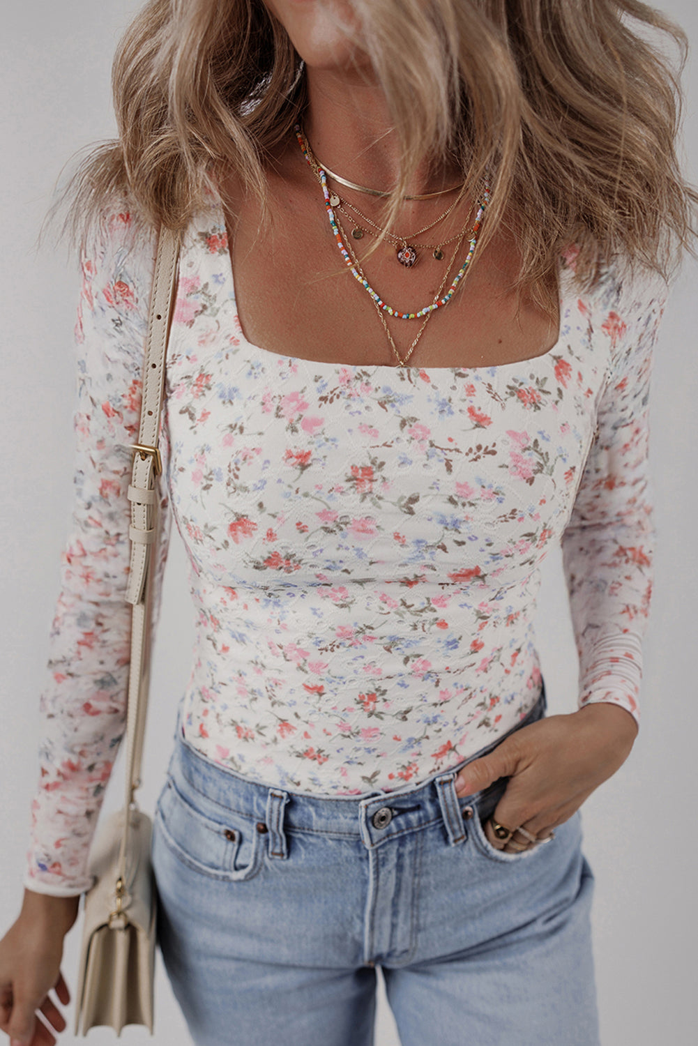 White Floral Print Textured Square Neck Slim Fit Long Sleeve Top-Tops/Long Sleeve Tops-[Adult]-[Female]-White-S-2022 Online Blue Zone Planet