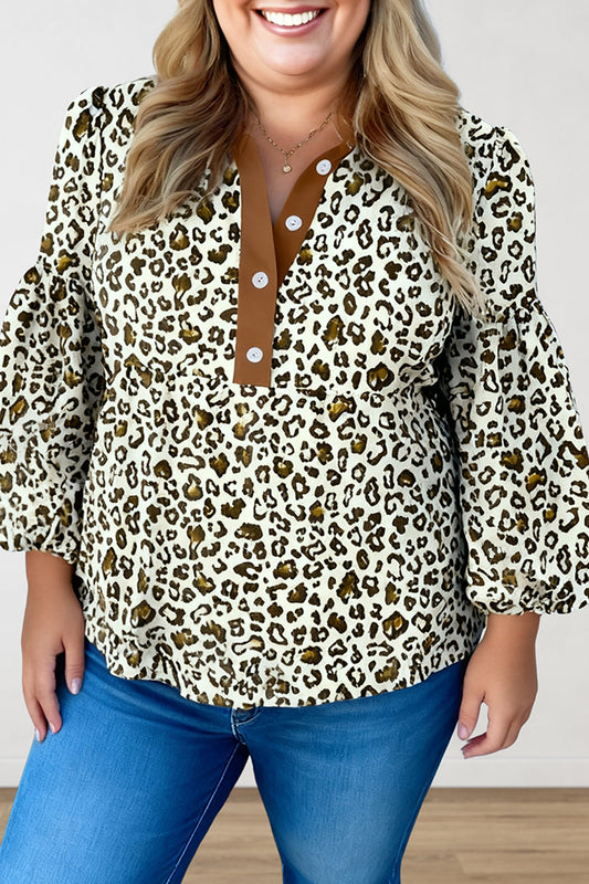 Khaki Plus Size Buttoned Contrast Trim Puff Sleeve Leopard Print Blouse-Plus Size/Plus Size Tops/Plus Size Blouses & Shirts-[Adult]-[Female]-Khaki-1X-2022 Online Blue Zone Planet
