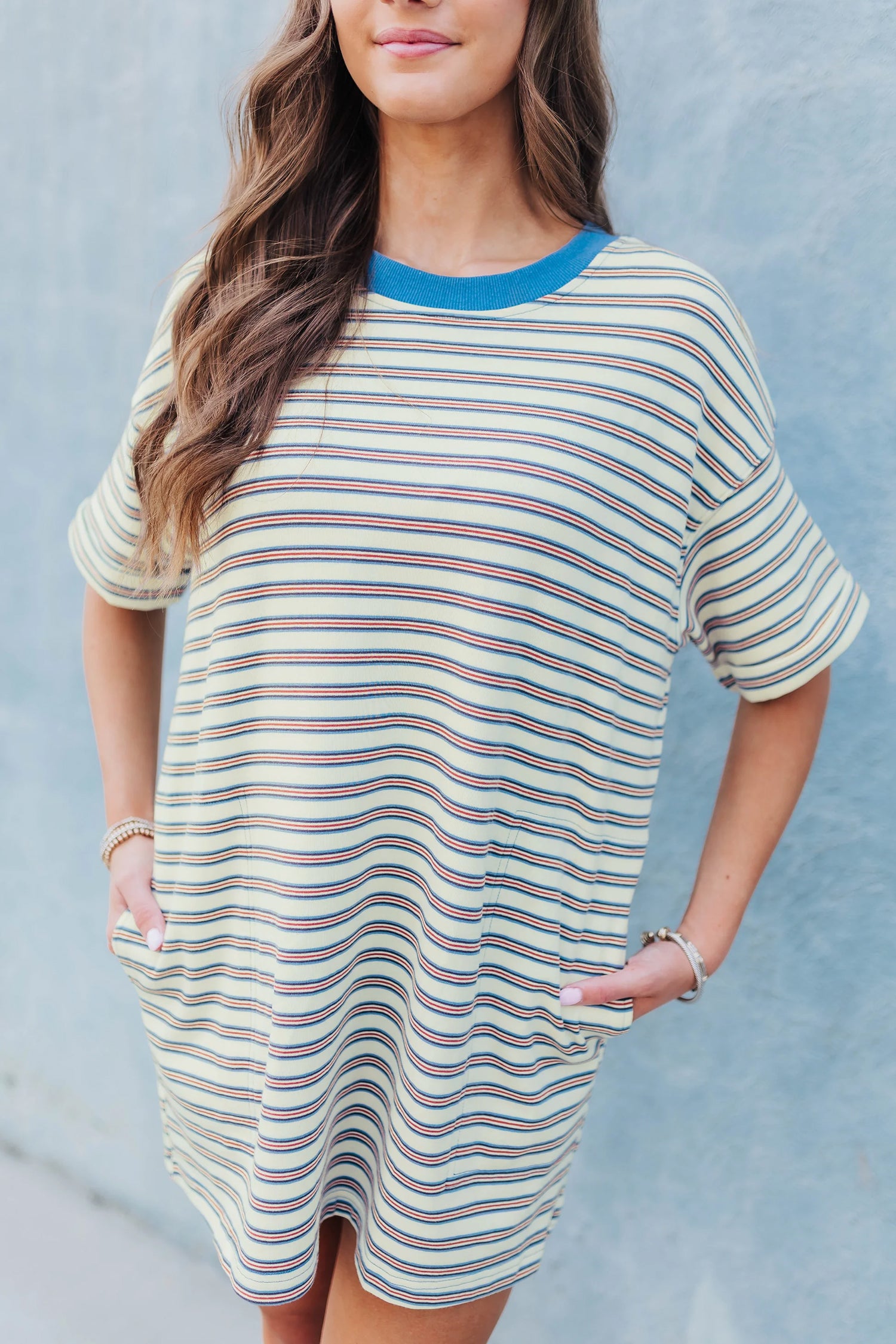White Stripe Drop Shoulder Cuffed Sleeve Loose Tunic T Shirt Mini Dress-Dresses/T Shirt Dresses-[Adult]-[Female]-2022 Online Blue Zone Planet