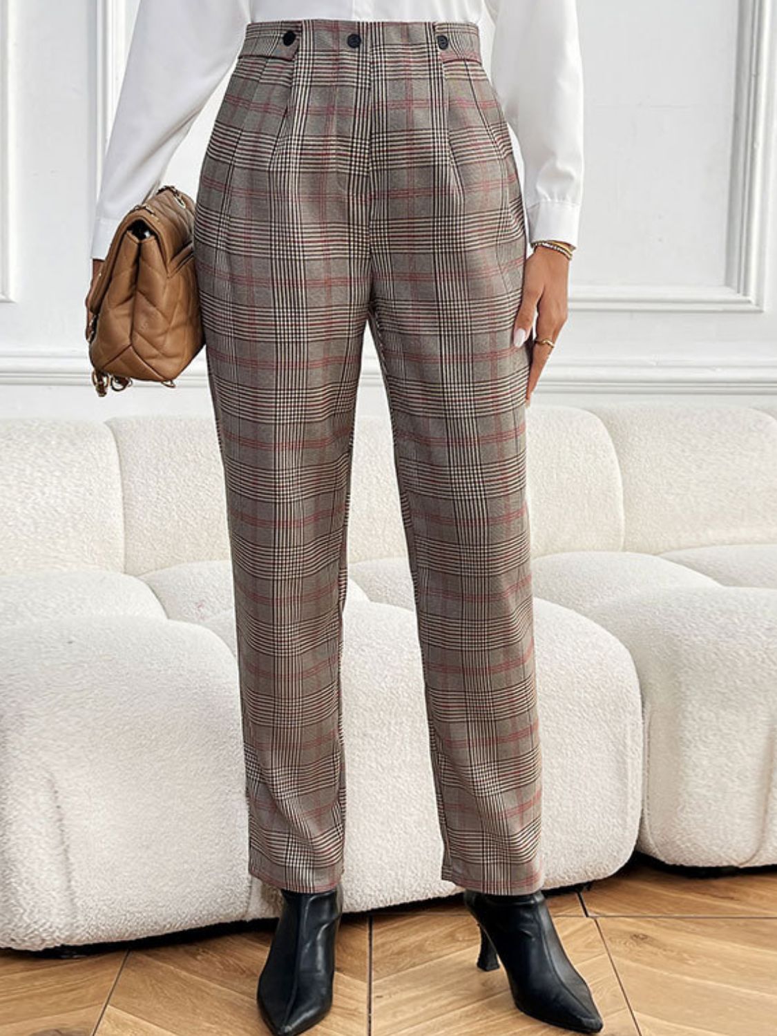 Perfee Plaid Straight Pants with Pockets-BOTTOMS SIZES SMALL MEDIUM LARGE-[Adult]-[Female]-Taupe-S-2022 Online Blue Zone Planet