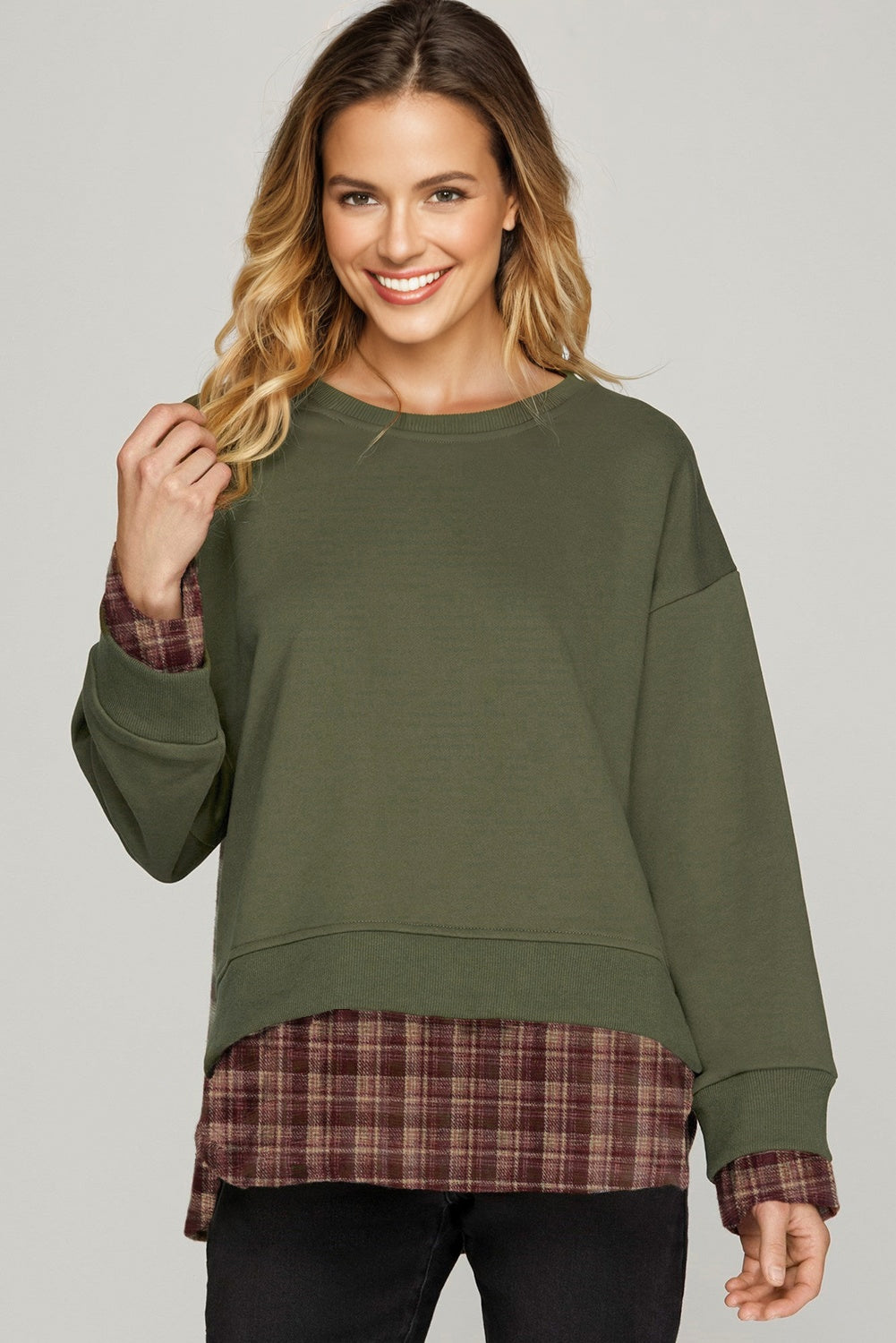 Moss Green Vintage Plaid Patchwork Drop Shoulder Sweatshirt-Tops/Sweatshirts & Hoodies-[Adult]-[Female]-2022 Online Blue Zone Planet