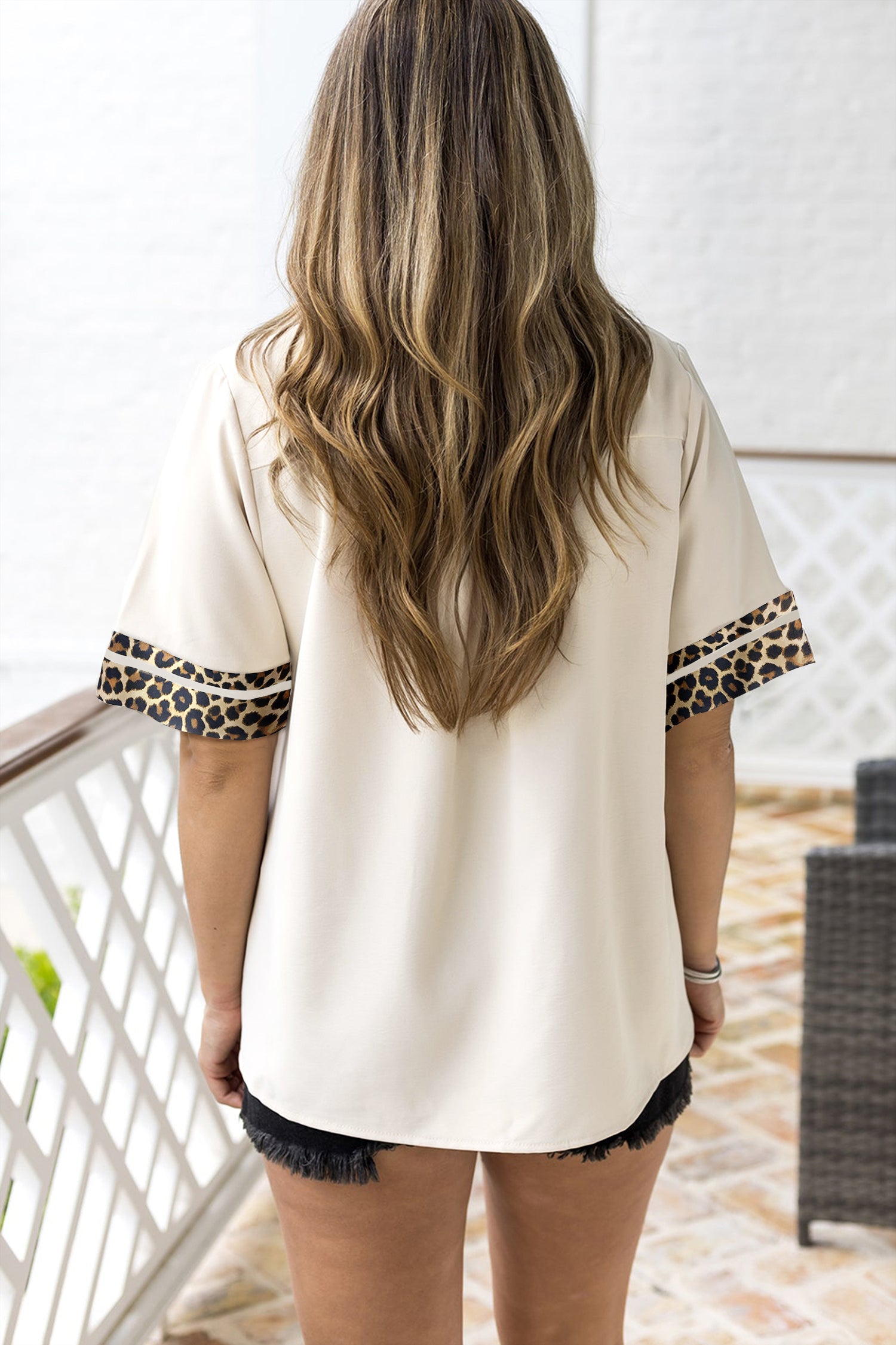 Jet Stream Leopard Patchwork Trim Split Neck Short Sleeve Blouse-Tops/Blouses & Shirts-[Adult]-[Female]-2022 Online Blue Zone Planet